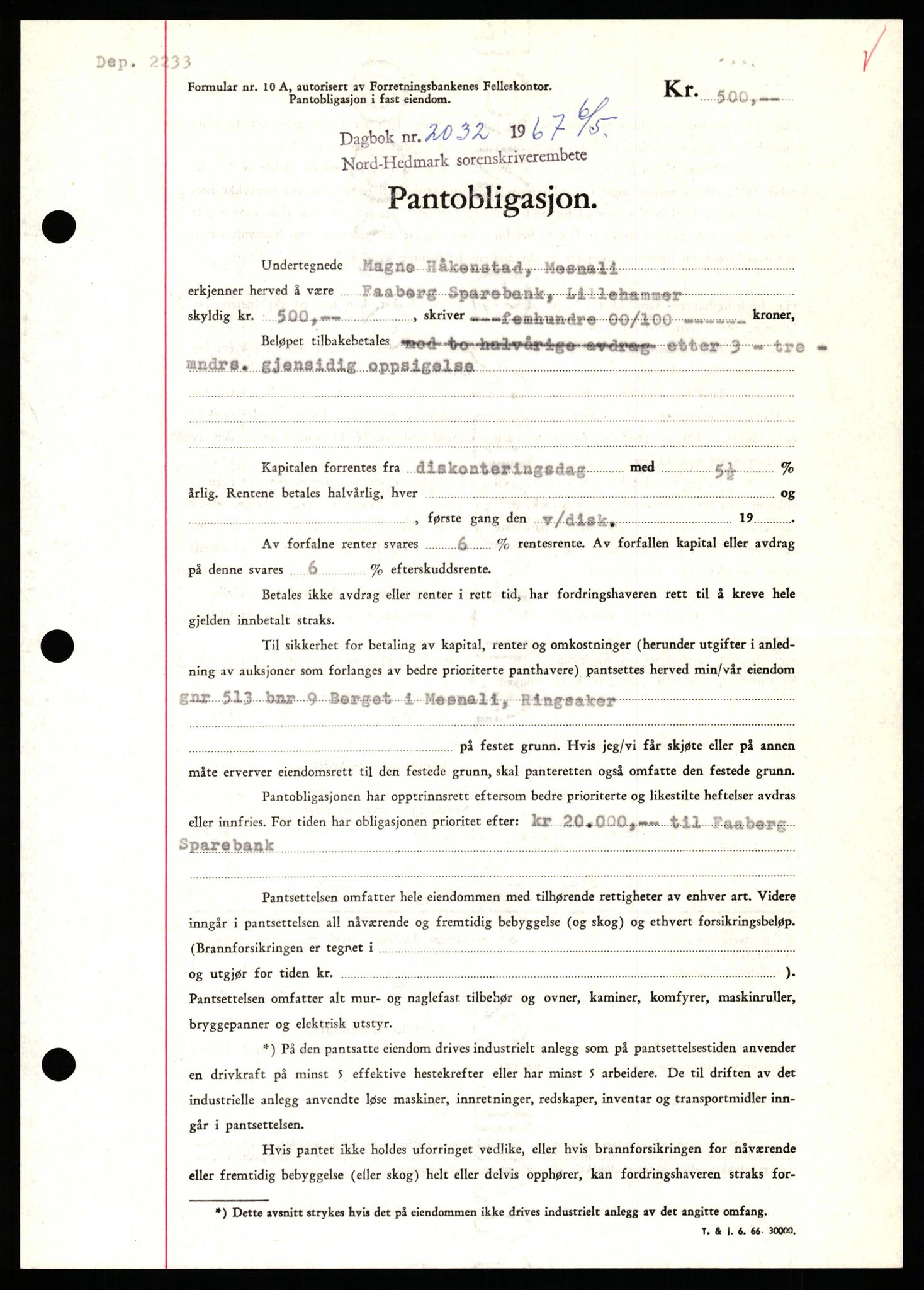 Nord-Hedmark sorenskriveri, SAH/TING-012/H/Hb/Hbf/L0071: Mortgage book no. B71, 1967-1967, Diary no: : 2032/1967