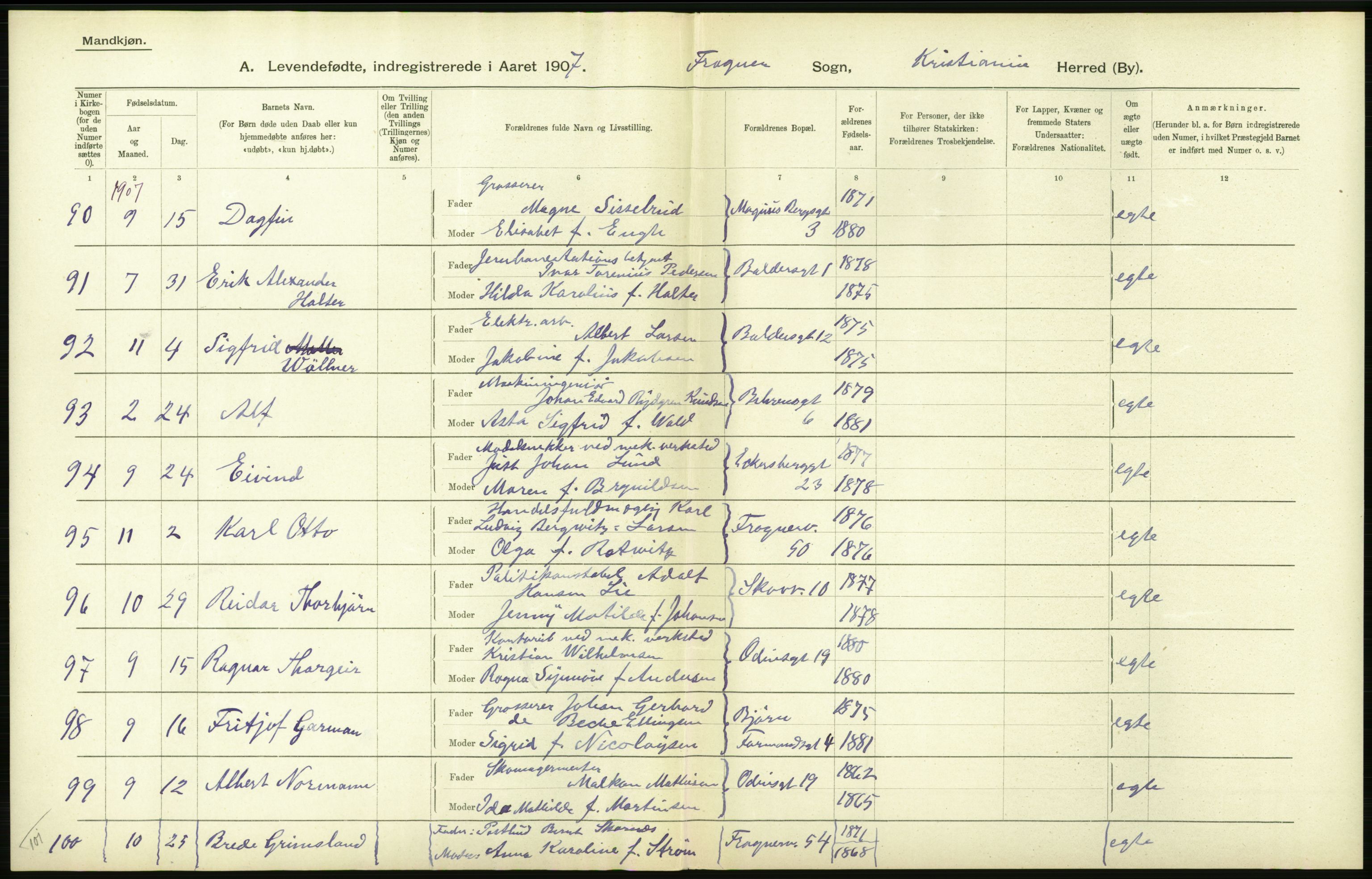 Statistisk sentralbyrå, Sosiodemografiske emner, Befolkning, AV/RA-S-2228/D/Df/Dfa/Dfae/L0006: Kristiania: Levendefødte menn og kvinner., 1907, p. 208