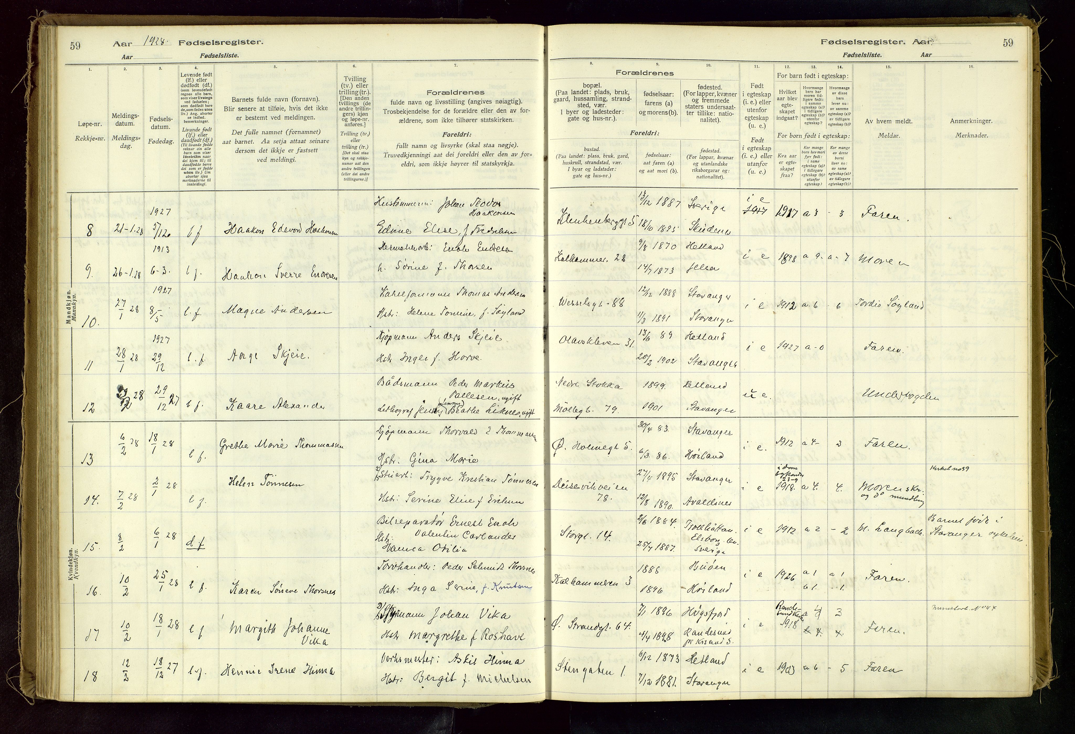 Domkirken sokneprestkontor, AV/SAST-A-101812/002/A/L0001: Birth register no. 1, 1925-1932, p. 59