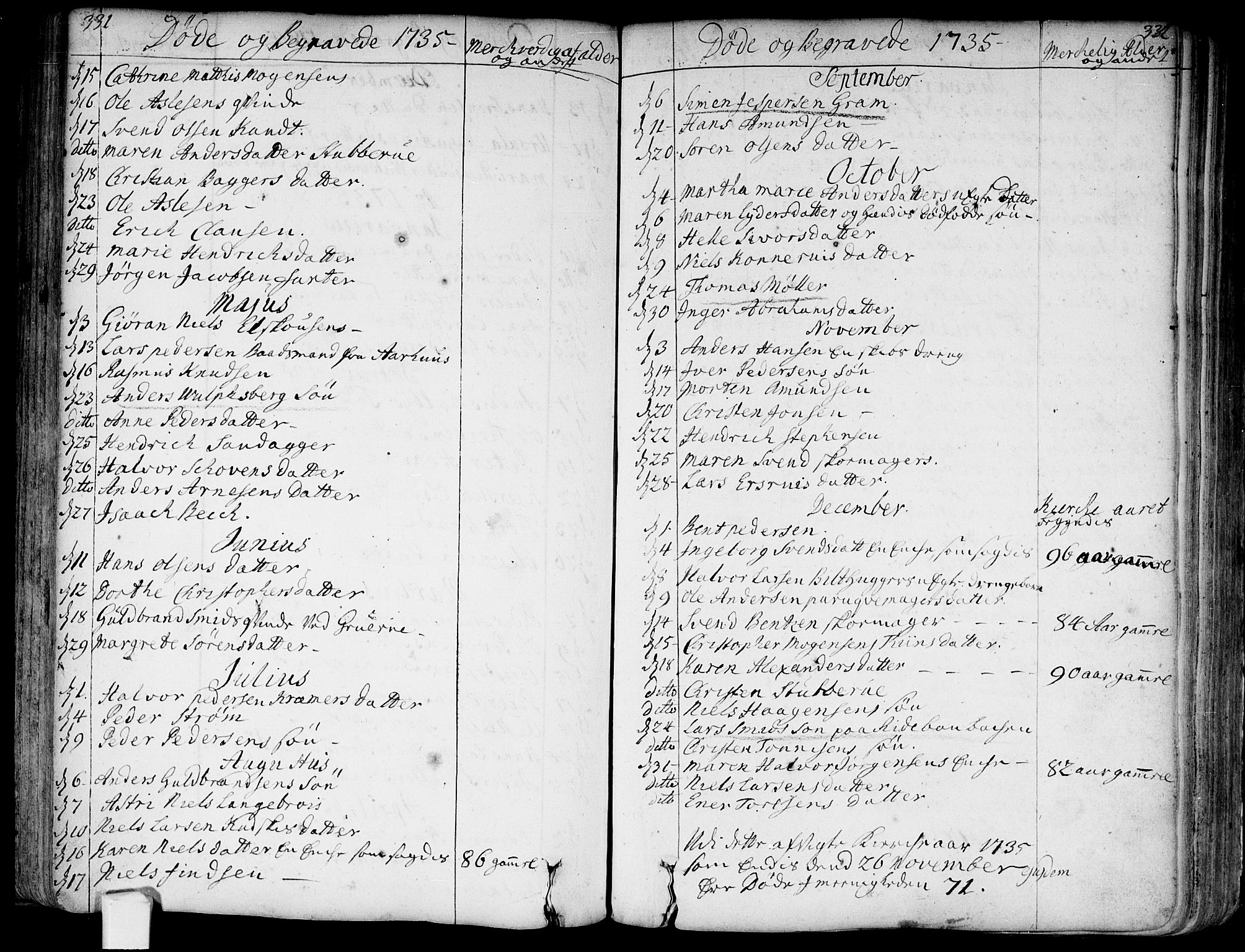 Bragernes kirkebøker, SAKO/A-6/F/Fa/L0004: Parish register (official) no. I 4, 1734-1759, p. 331-332