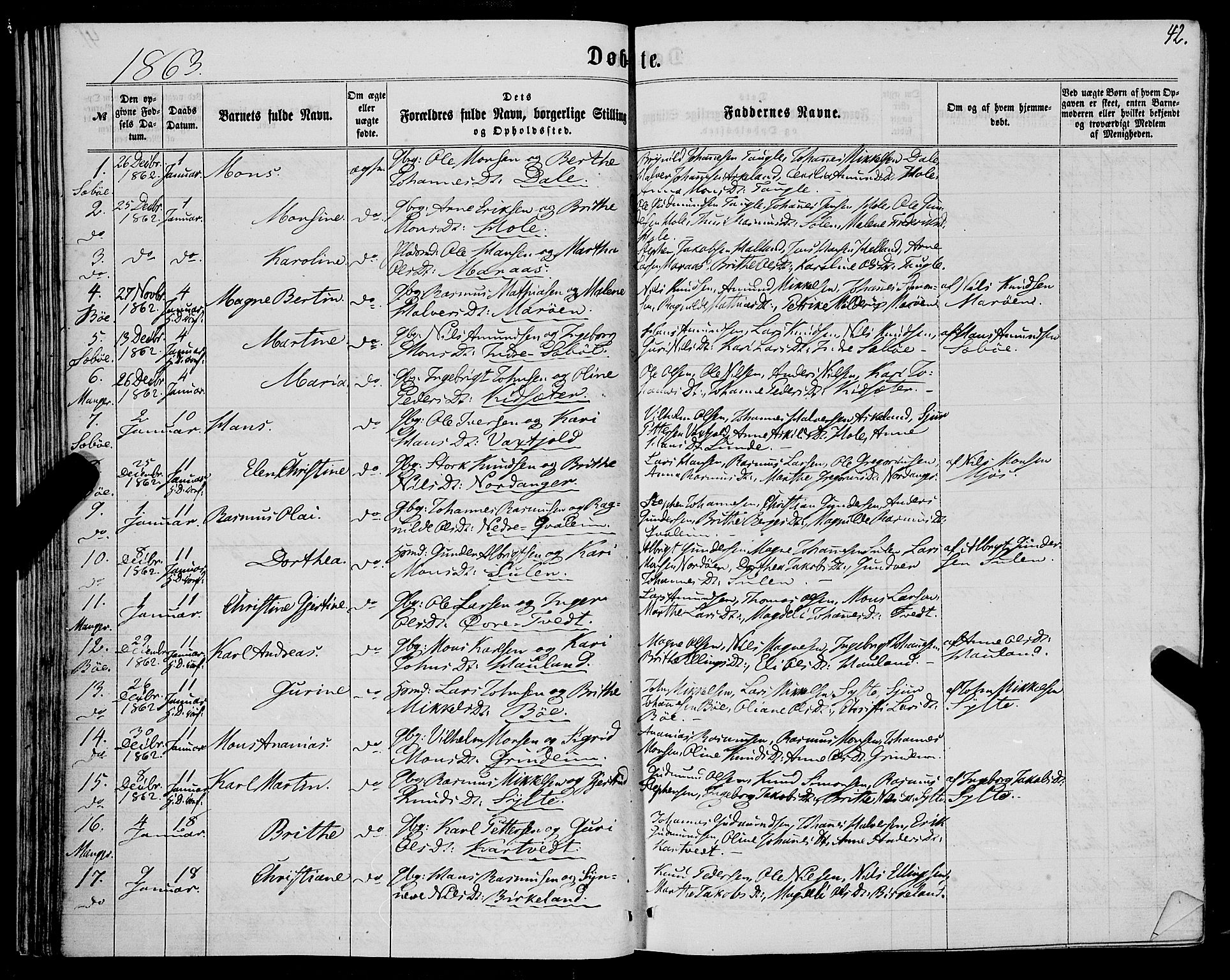 Manger sokneprestembete, SAB/A-76801/H/Haa: Parish register (official) no. A 7, 1860-1870, p. 42