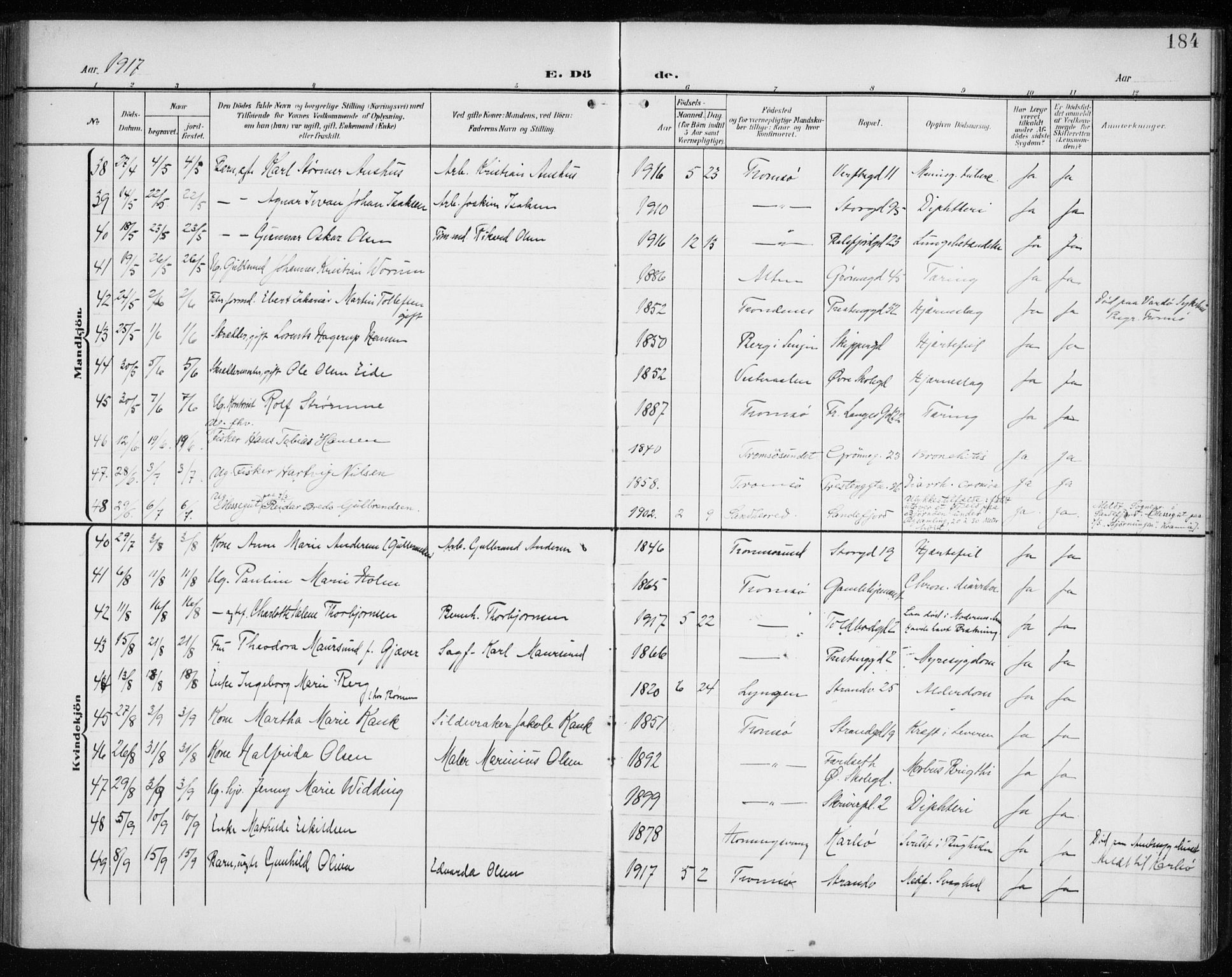 Tromsø sokneprestkontor/stiftsprosti/domprosti, AV/SATØ-S-1343/G/Ga/L0018kirke: Parish register (official) no. 18, 1907-1917, p. 184