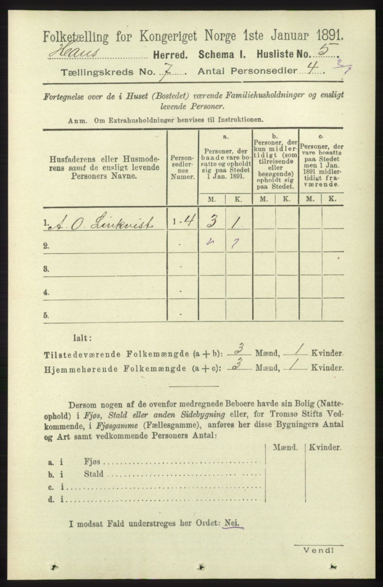 RA, 1891 census for 1250 Haus, 1891, p. 2582