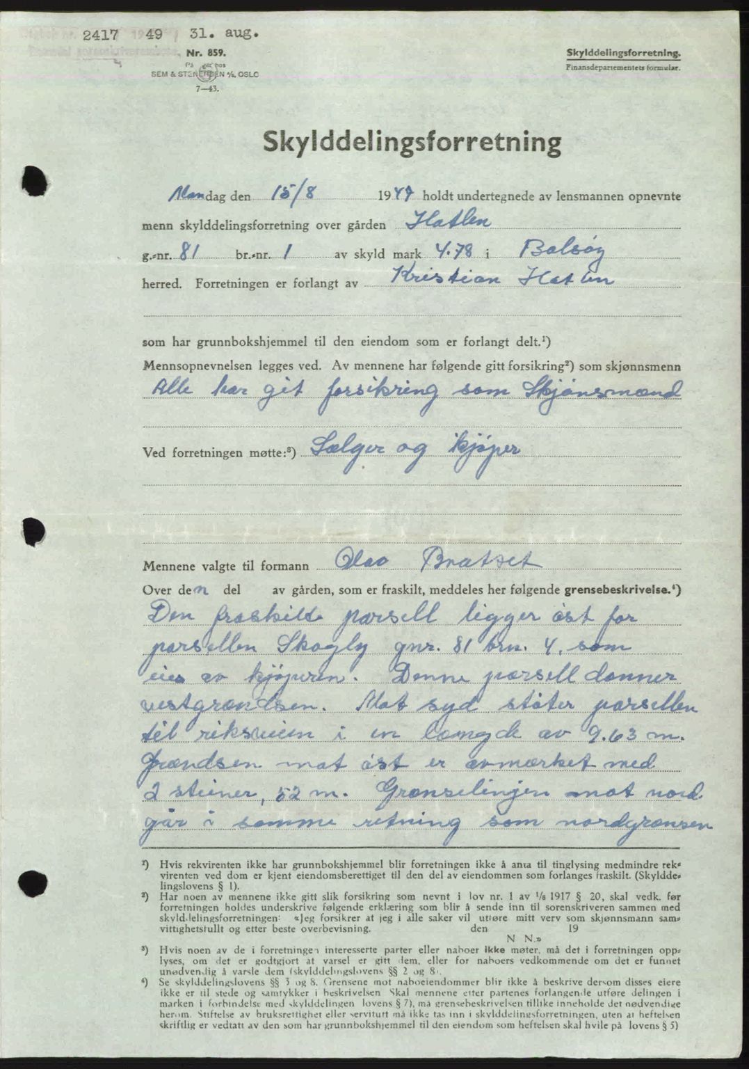 Romsdal sorenskriveri, AV/SAT-A-4149/1/2/2C: Mortgage book no. A30, 1949-1949, Diary no: : 2417/1949