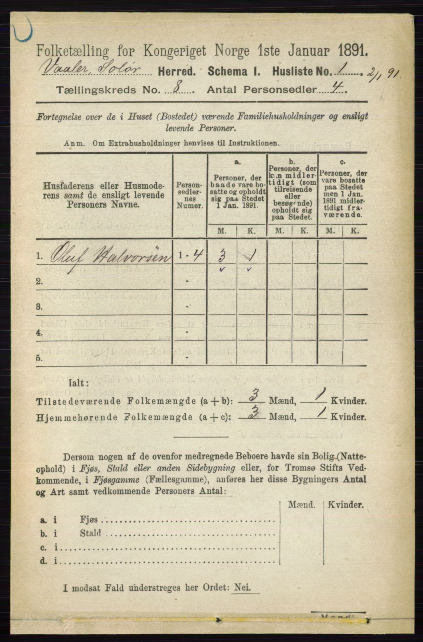 RA, 1891 census for 0426 Våler, 1891, p. 3259