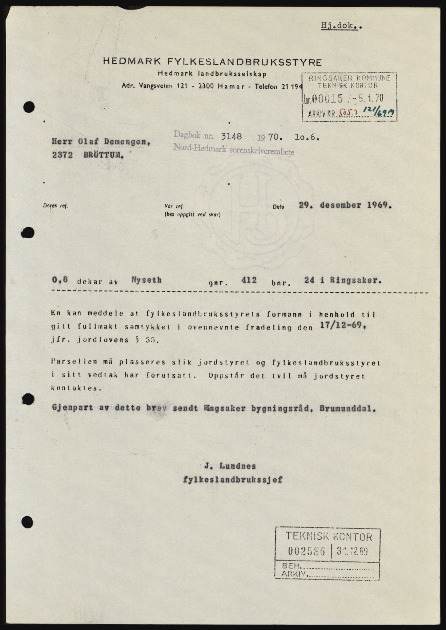 Nord-Hedmark sorenskriveri, SAH/TING-012/H/Hc/L0033: Mortgage book no. 33, 1970-1970, Diary no: : 3148/1970