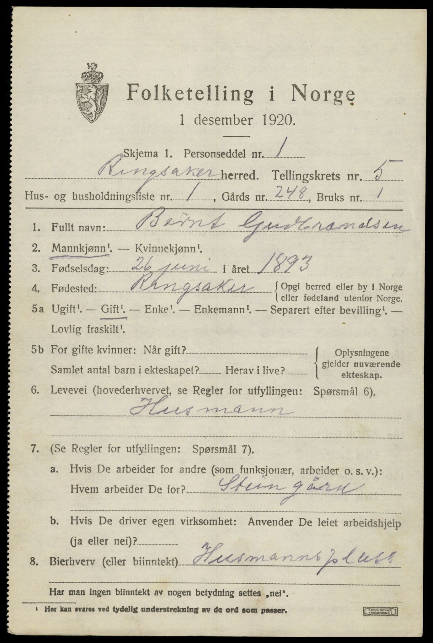 SAH, 1920 census for Ringsaker, 1920, p. 9702