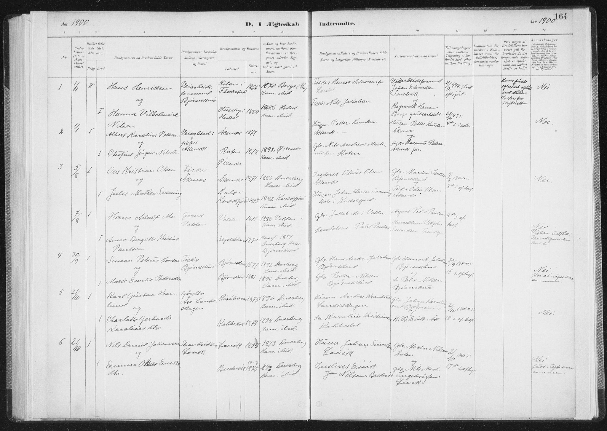 Ministerialprotokoller, klokkerbøker og fødselsregistre - Nordland, SAT/A-1459/898/L1422: Parish register (official) no. 898A02, 1887-1908, p. 164
