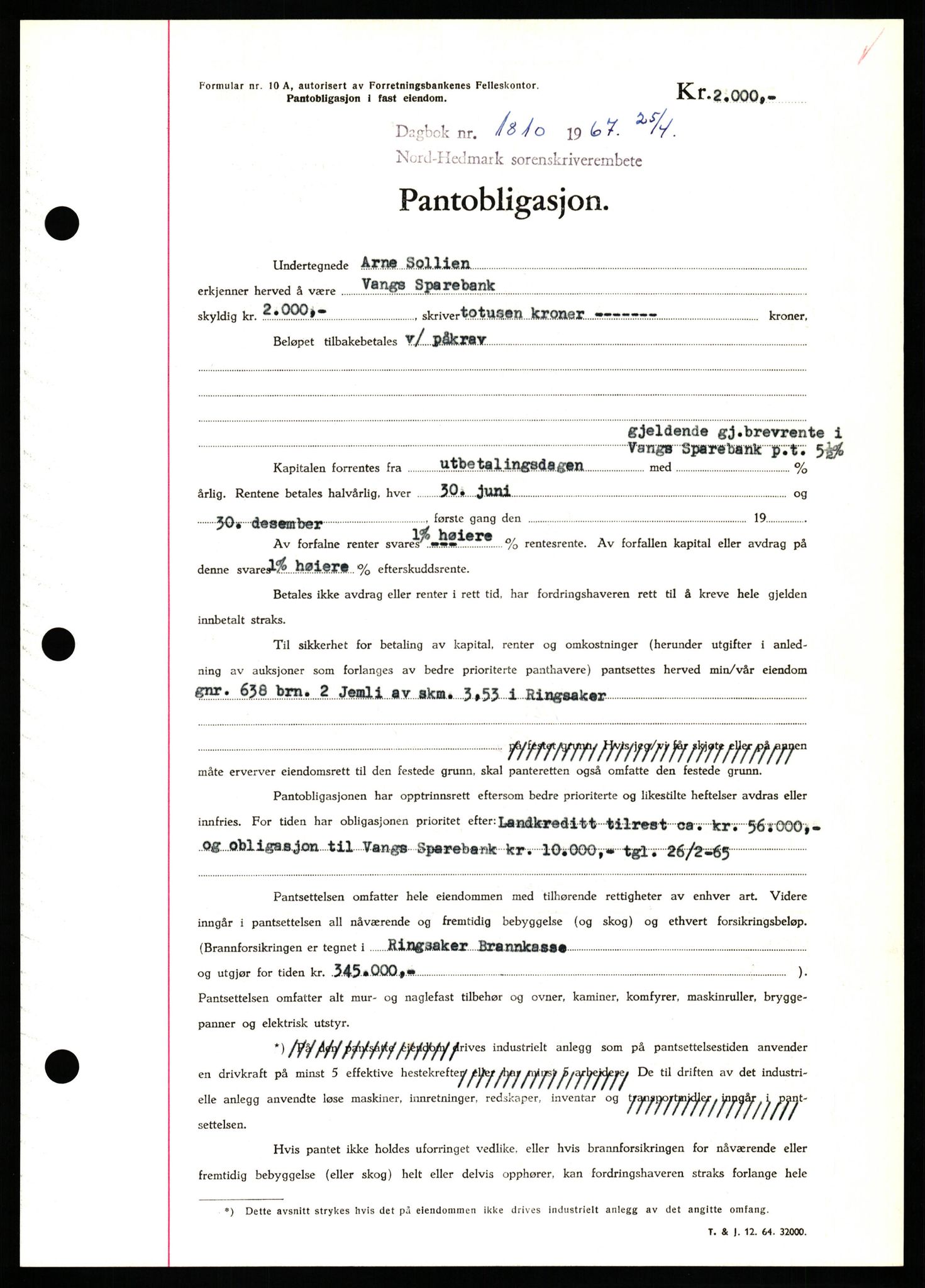 Nord-Hedmark sorenskriveri, SAH/TING-012/H/Hb/Hbf/L0071: Mortgage book no. B71, 1967-1967, Diary no: : 1810/1967