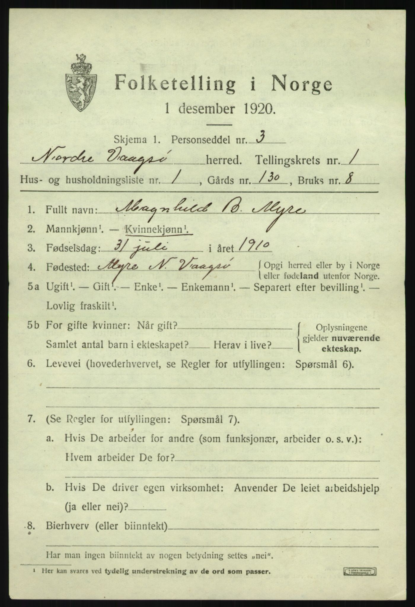 SAB, 1920 census for Nord-Vågsøy, 1920, p. 382