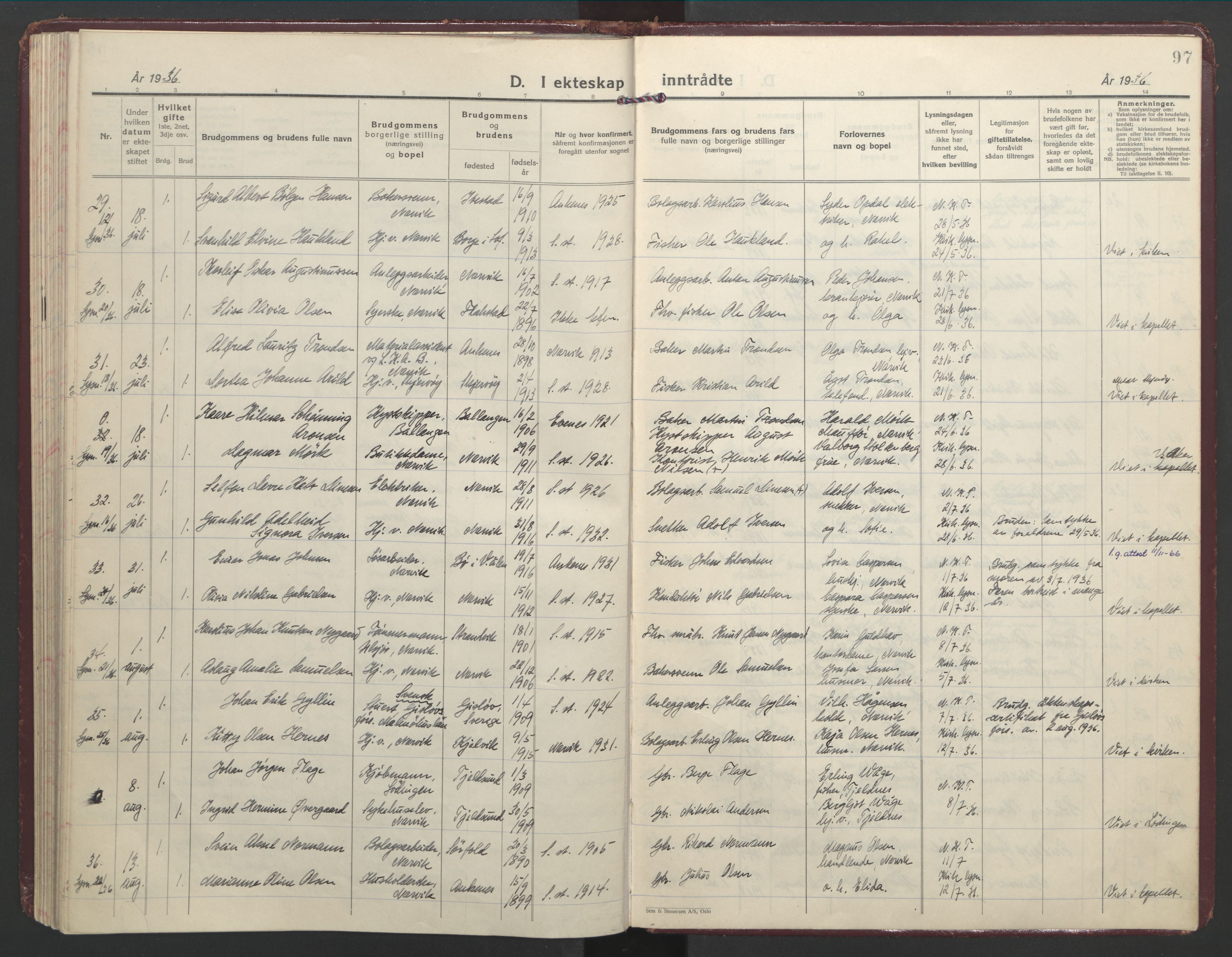 Ministerialprotokoller, klokkerbøker og fødselsregistre - Nordland, AV/SAT-A-1459/871/L1006: Parish register (official) no. 871A22, 1928-1936, p. 97