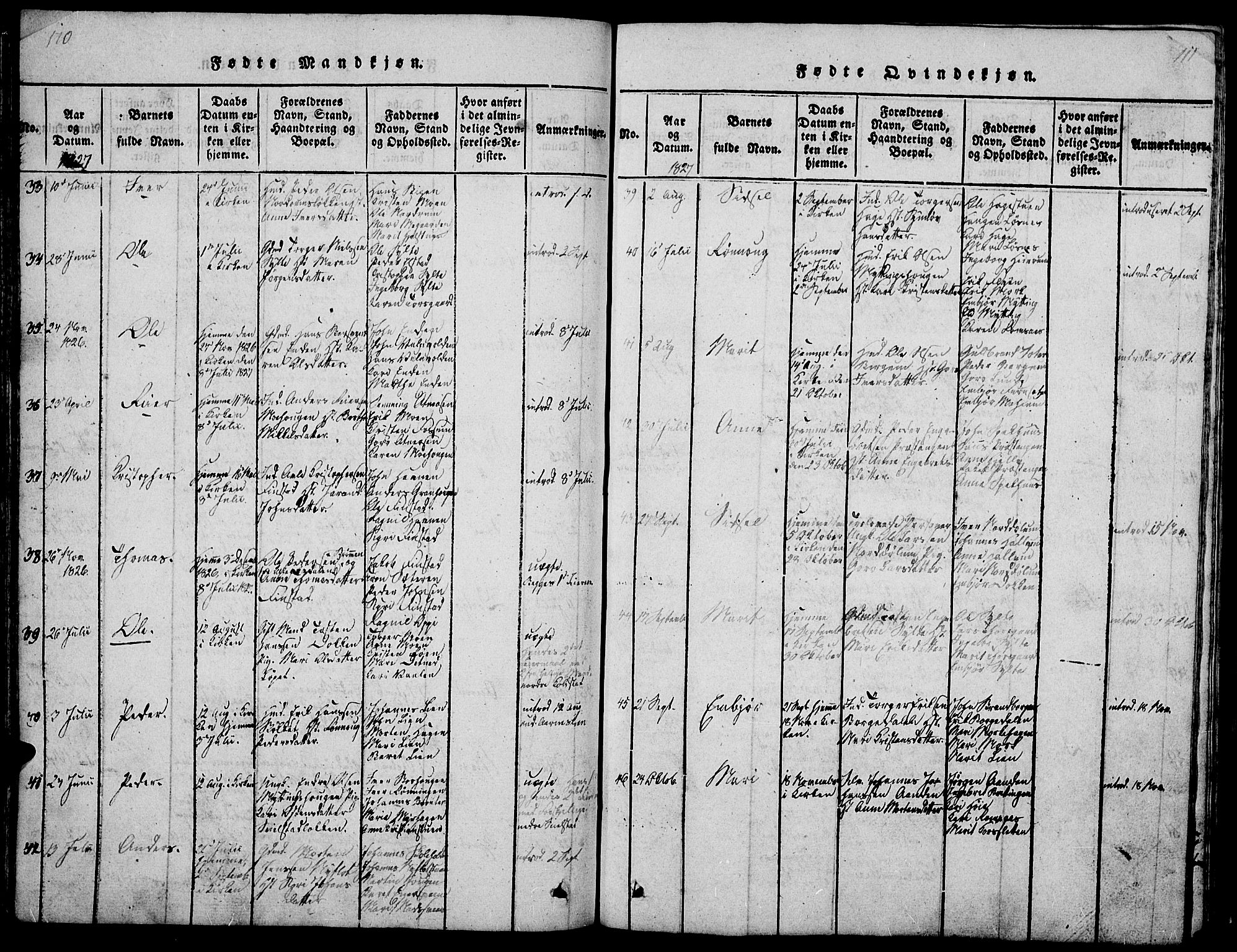 Ringebu prestekontor, SAH/PREST-082/H/Ha/Hab/L0001: Parish register (copy) no. 1, 1821-1839, p. 110-111