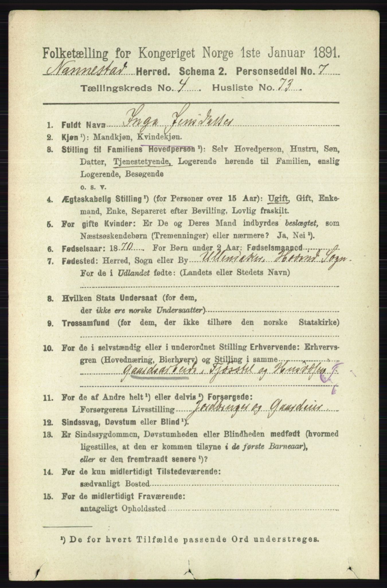 RA, 1891 census for 0238 Nannestad, 1891, p. 2505