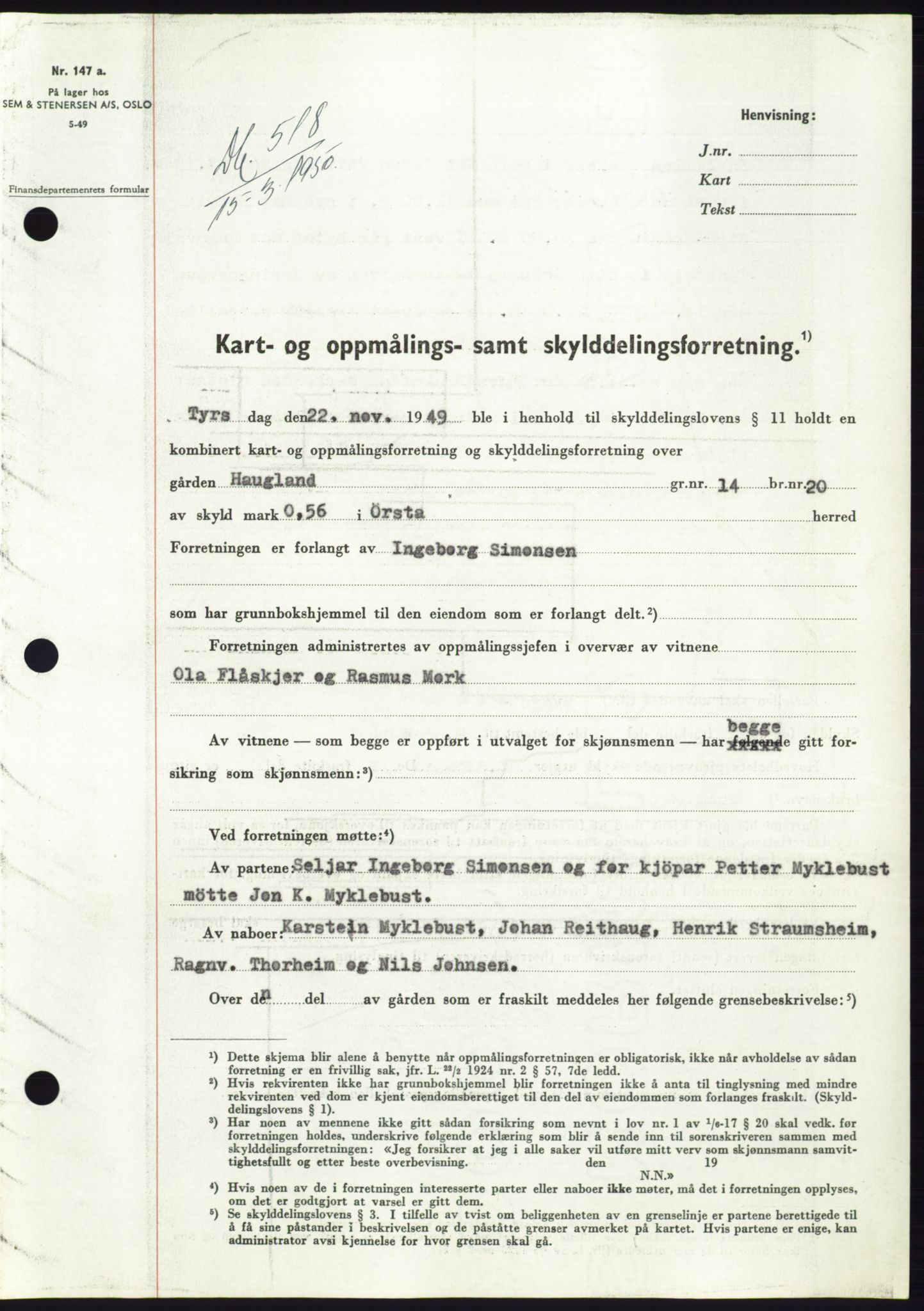 Søre Sunnmøre sorenskriveri, AV/SAT-A-4122/1/2/2C/L0086: Mortgage book no. 12A, 1949-1950, Diary no: : 518/1950