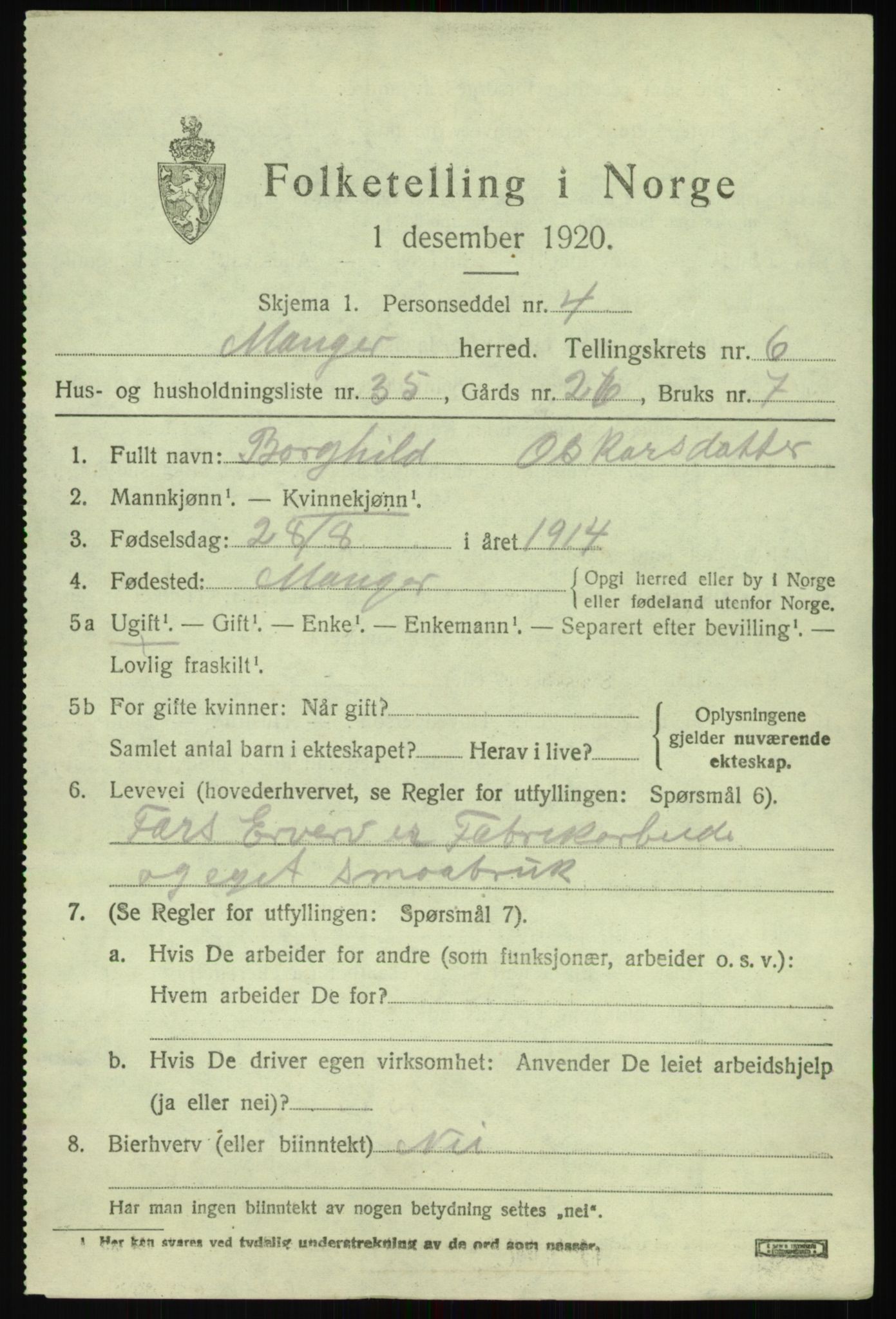 SAB, 1920 census for Manger, 1920, p. 4299