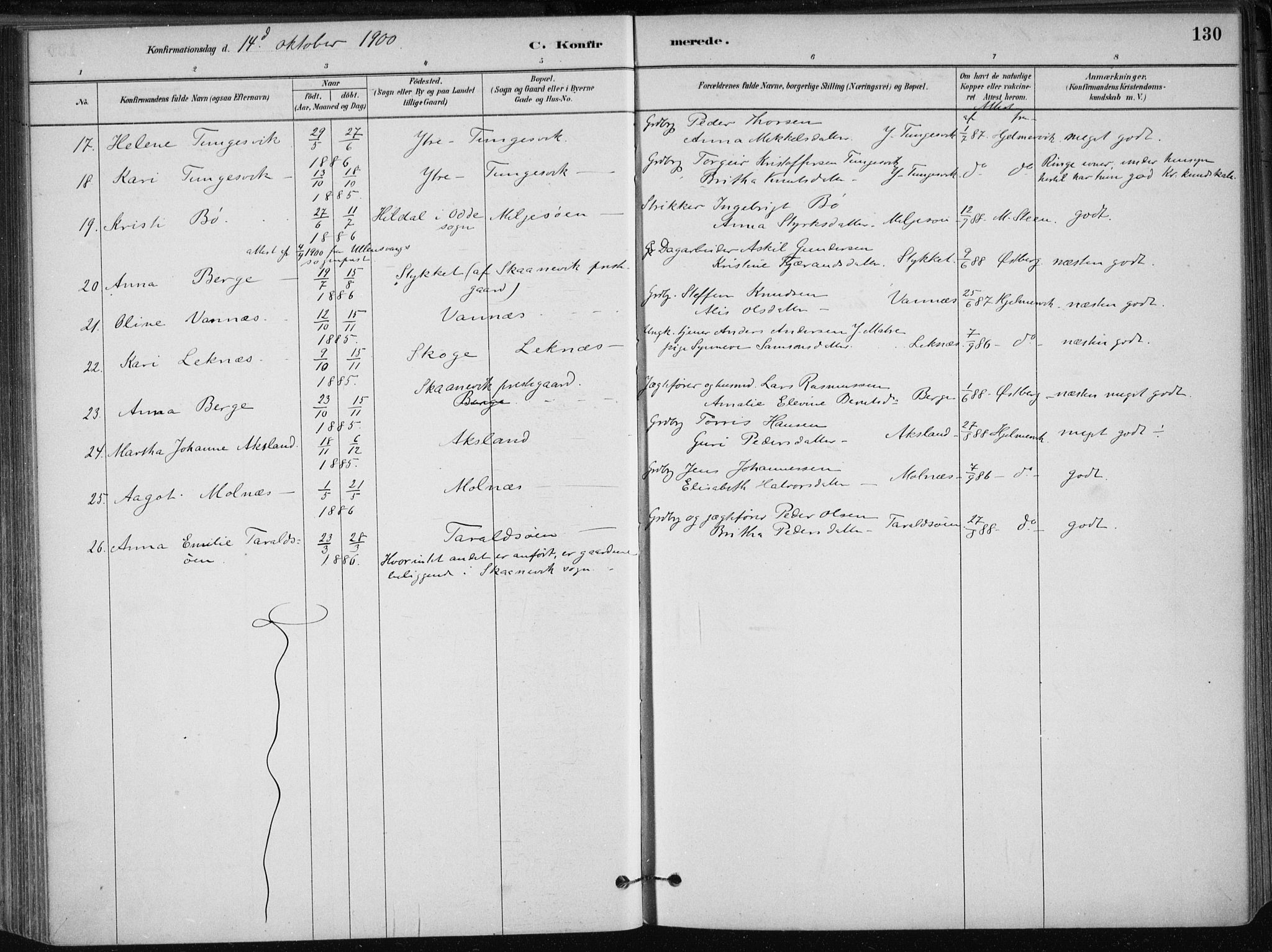 Skånevik sokneprestembete, AV/SAB-A-77801/H/Haa: Parish register (official) no. B 1, 1879-1914, p. 130