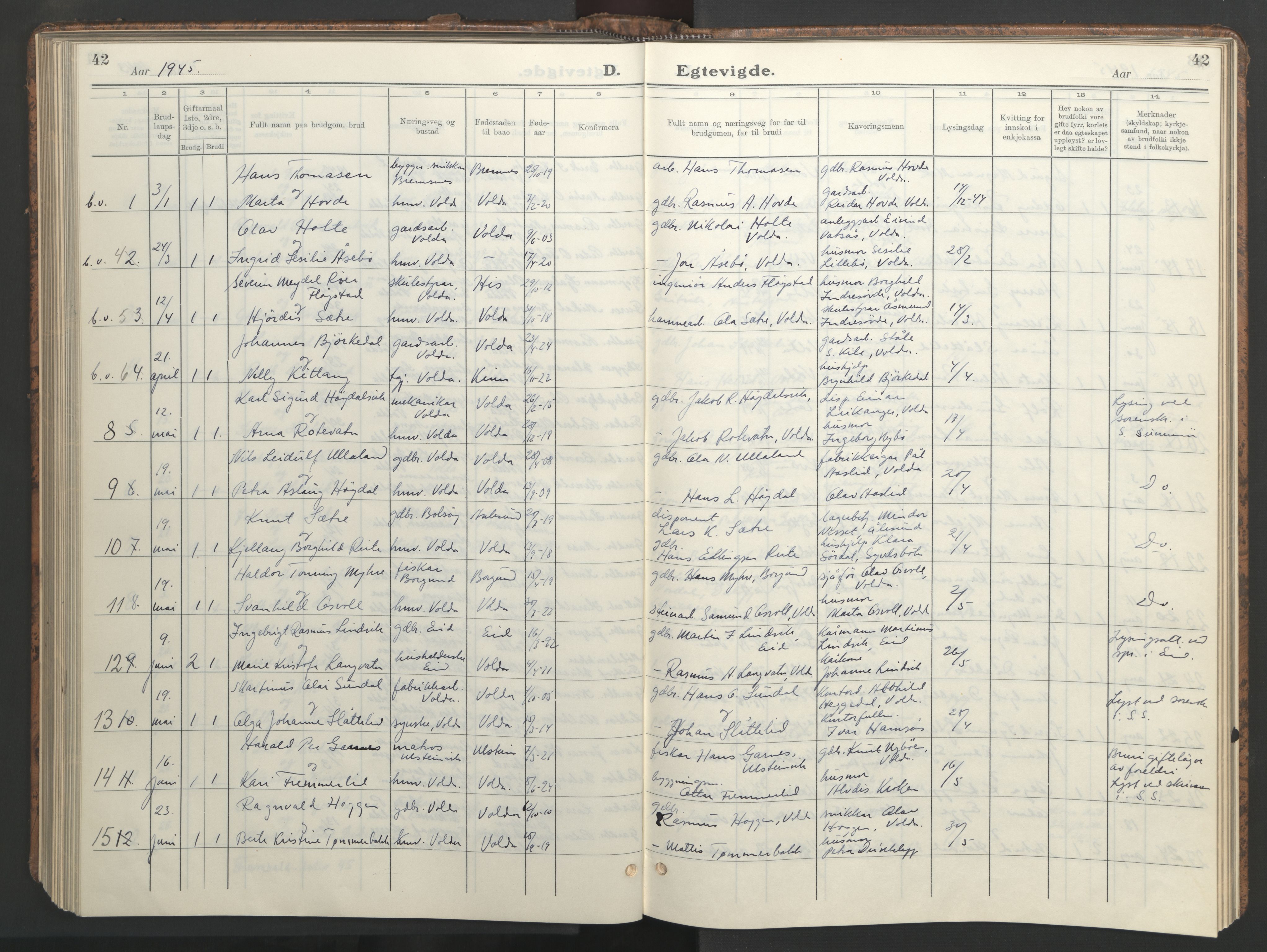 Ministerialprotokoller, klokkerbøker og fødselsregistre - Møre og Romsdal, AV/SAT-A-1454/511/L0161: Parish register (copy) no. 511C07, 1933-1948, p. 42