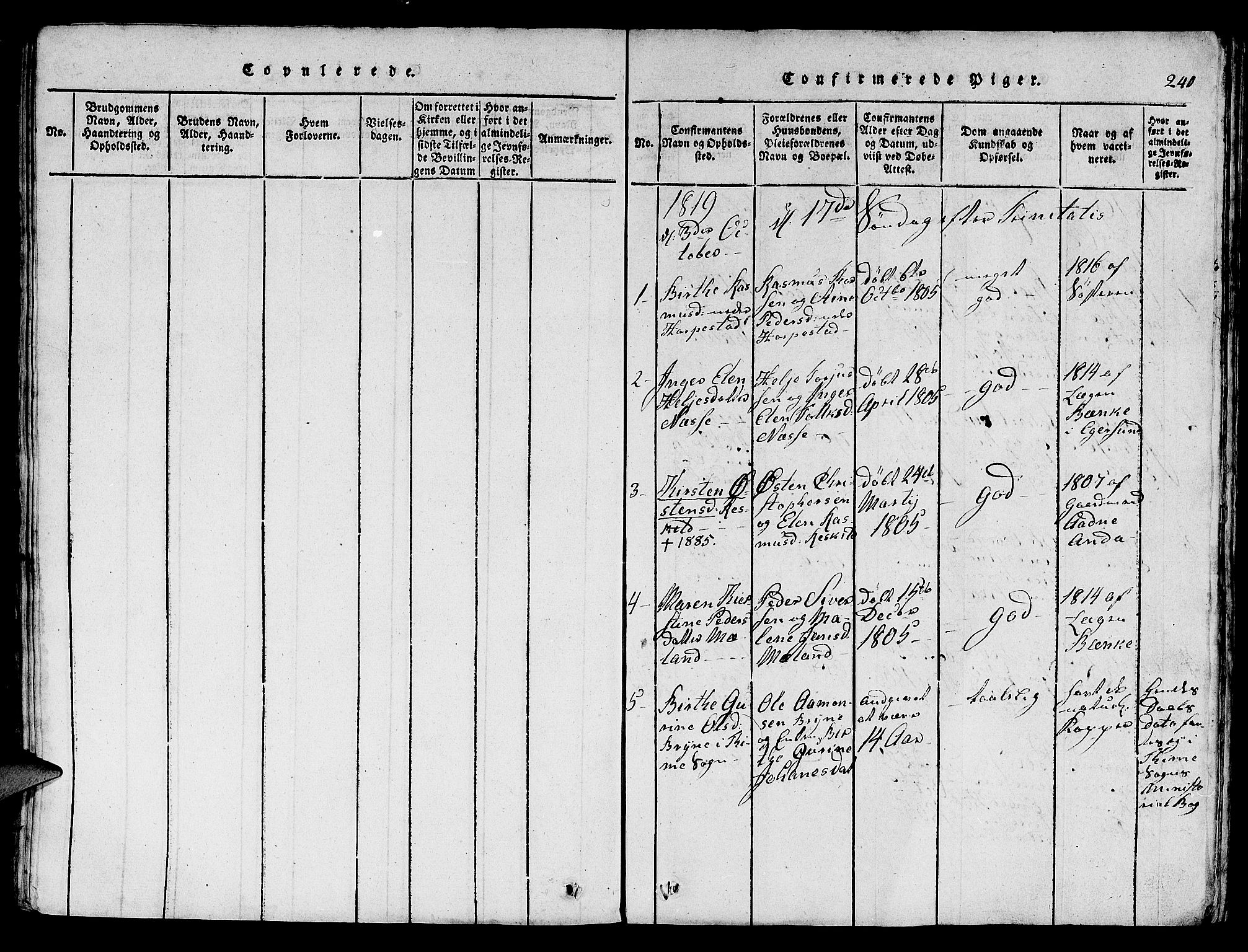 Klepp sokneprestkontor, SAST/A-101803/001/3/30BA/L0002: Parish register (official) no. A 2, 1816-1833, p. 240