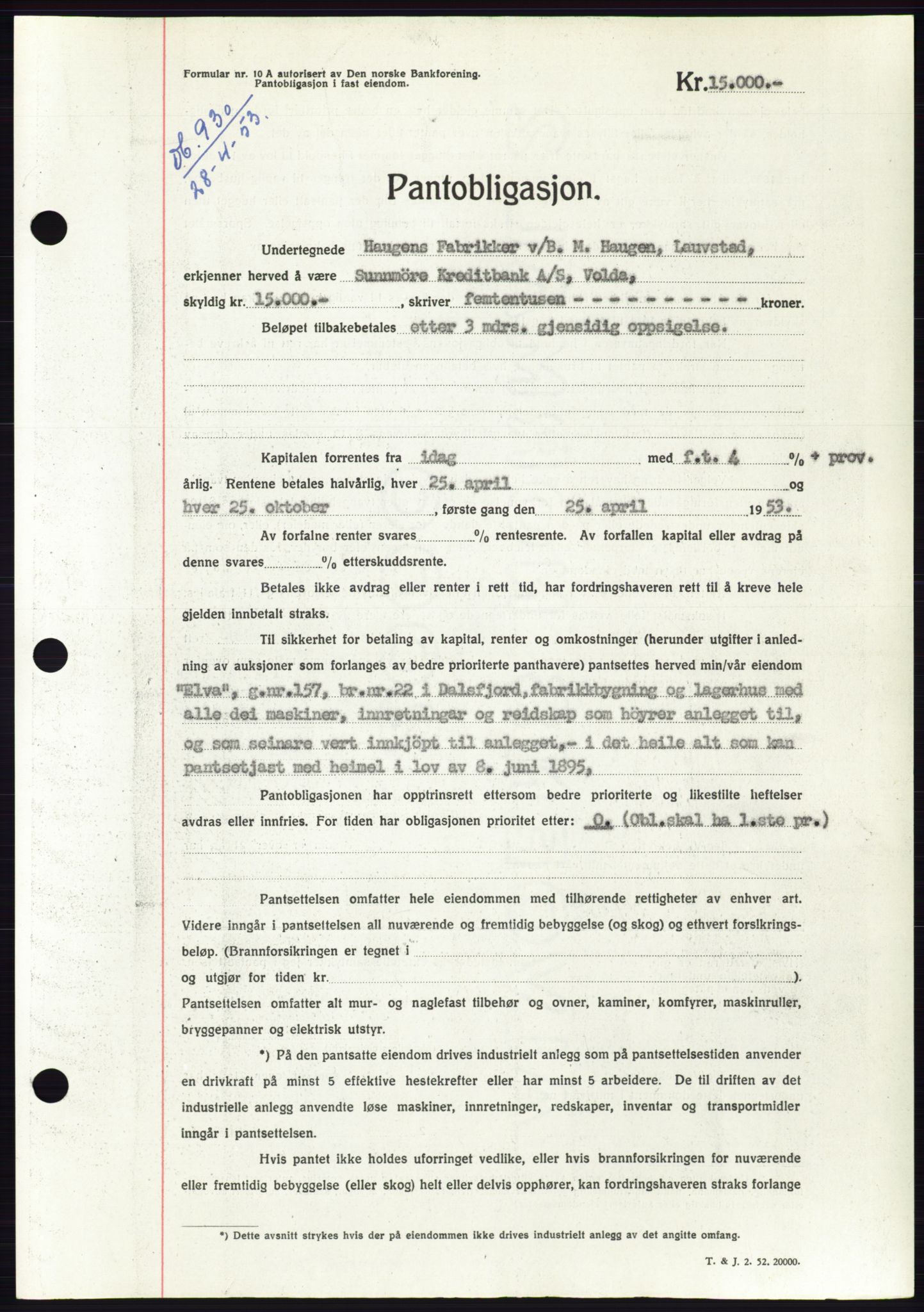 Søre Sunnmøre sorenskriveri, SAT/A-4122/1/2/2C/L0123: Mortgage book no. 11B, 1953-1953, Diary no: : 930/1953