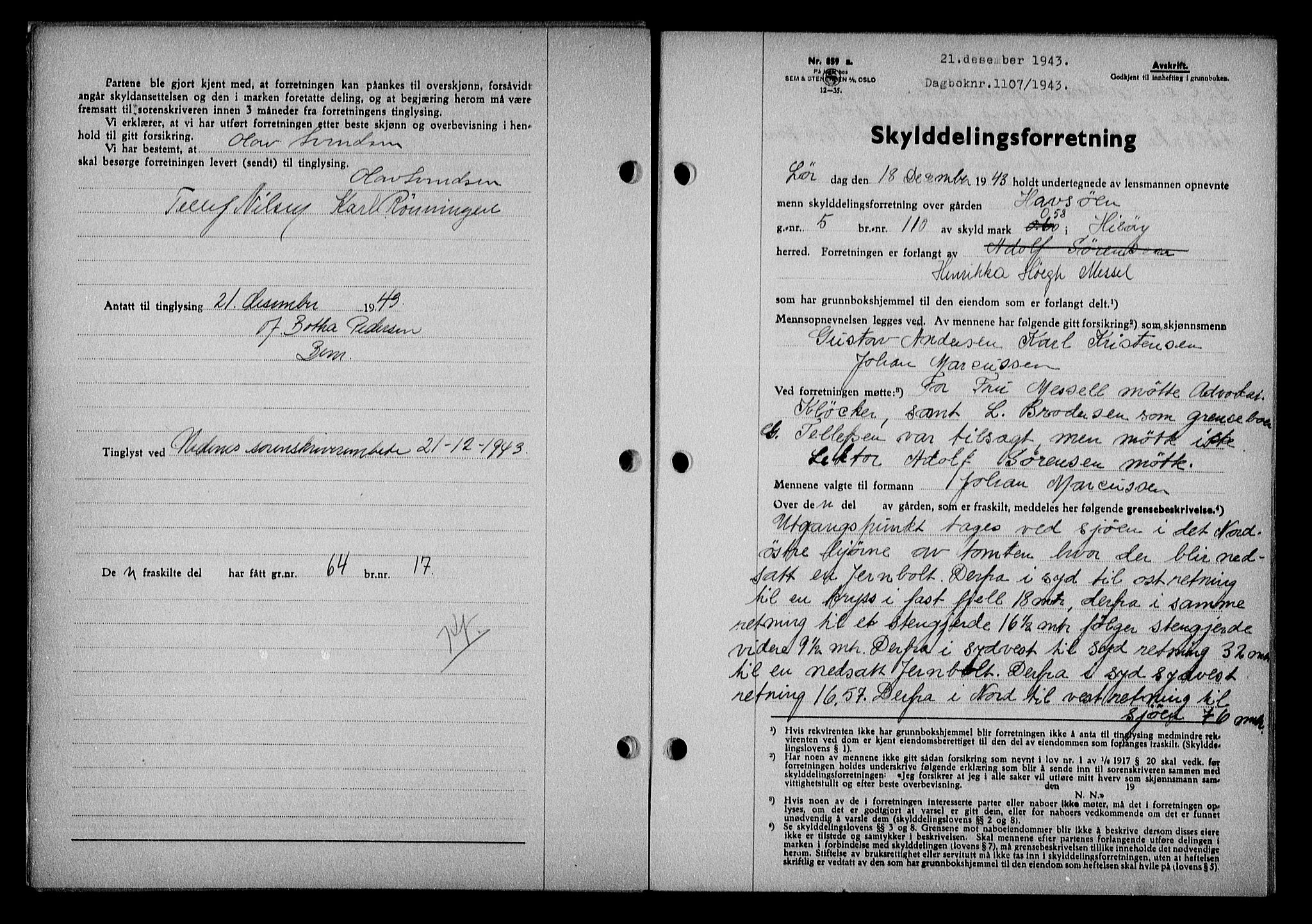Nedenes sorenskriveri, AV/SAK-1221-0006/G/Gb/Gba/L0051: Mortgage book no. A-V, 1943-1944, Diary no: : 1107/1943