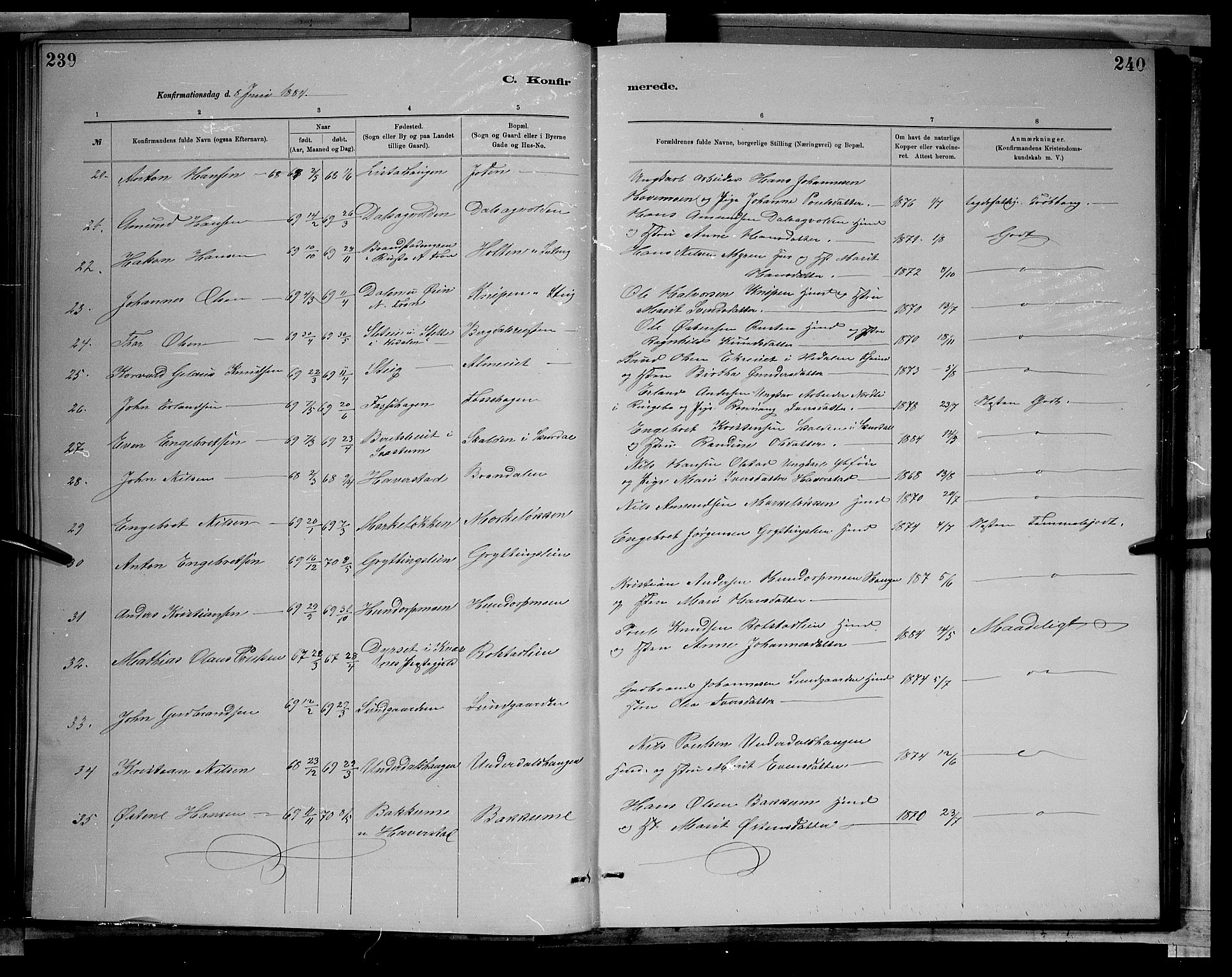 Sør-Fron prestekontor, SAH/PREST-010/H/Ha/Hab/L0003: Parish register (copy) no. 3, 1884-1896, p. 239-240