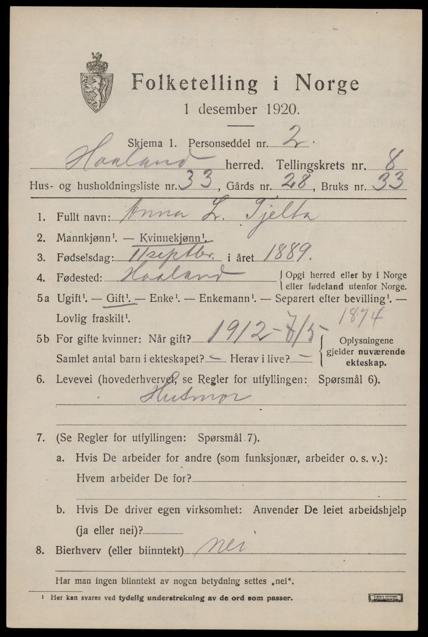 SAST, 1920 census for Håland, 1920, p. 6725
