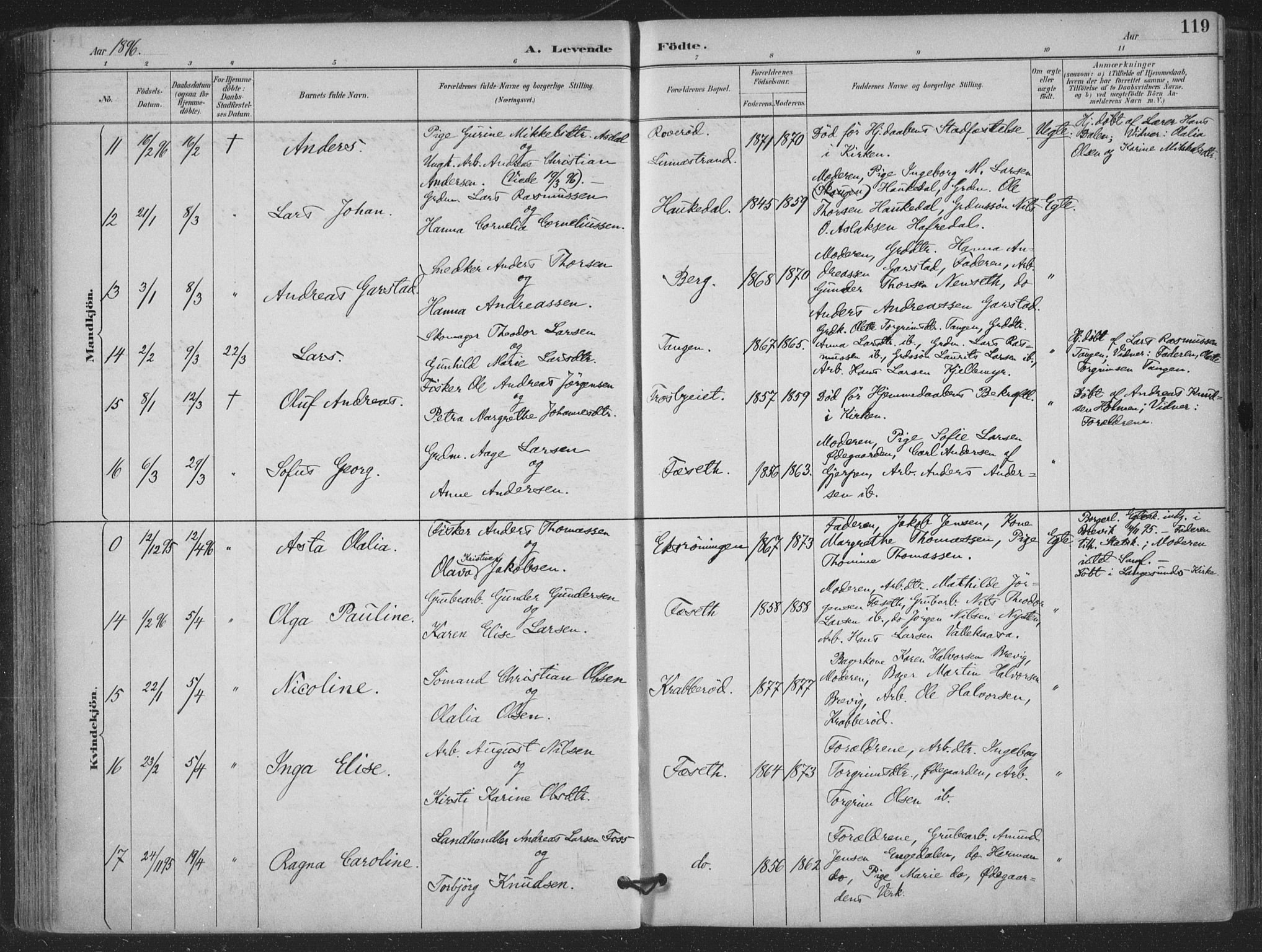 Bamble kirkebøker, SAKO/A-253/F/Fa/L0008: Parish register (official) no. I 8, 1888-1900, p. 119