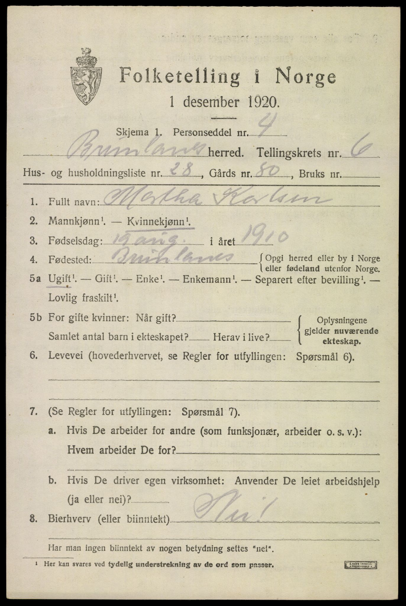 SAKO, 1920 census for Brunlanes, 1920, p. 7053