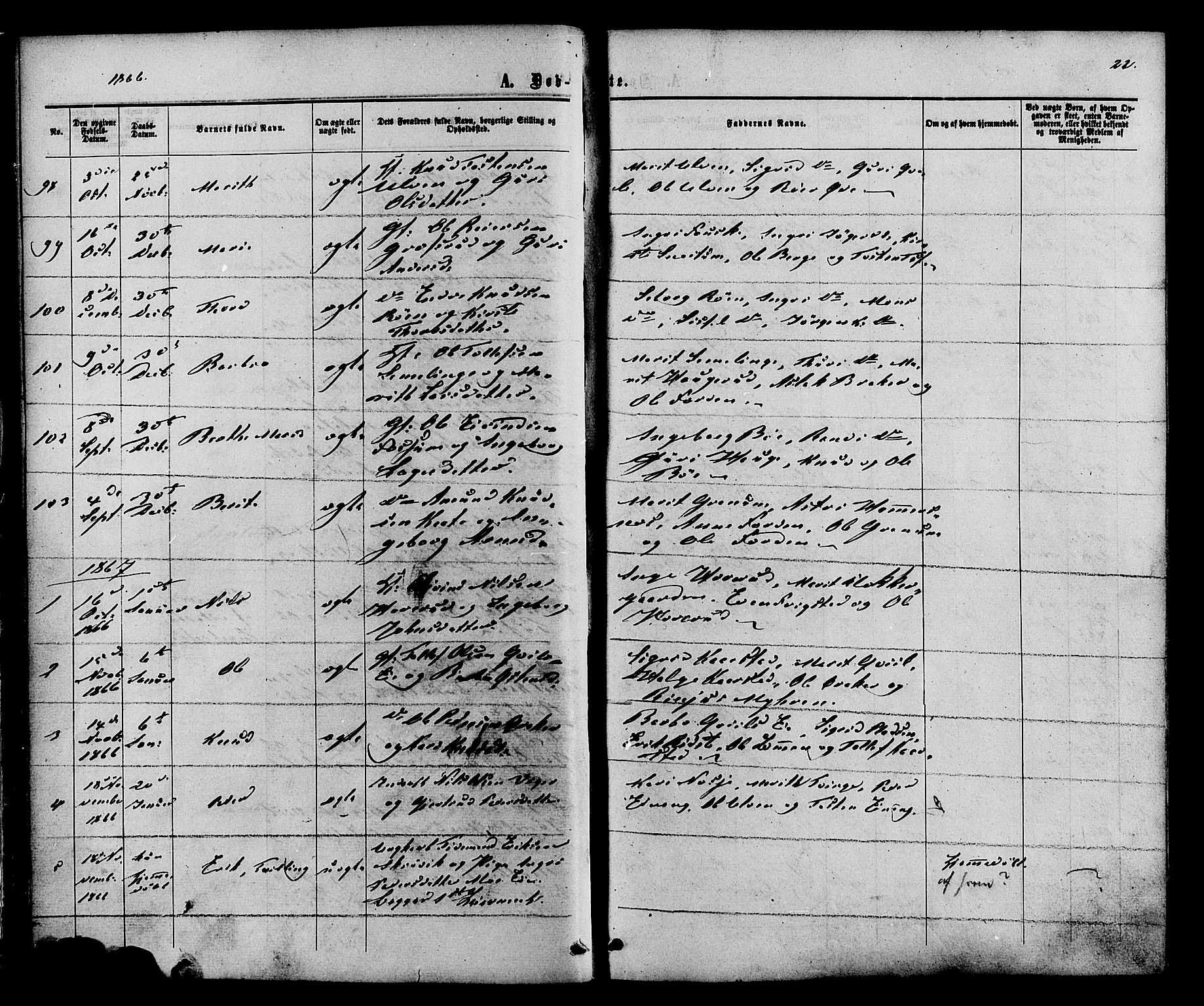 Vestre Slidre prestekontor, SAH/PREST-136/H/Ha/Haa/L0003: Parish register (official) no. 3, 1865-1880, p. 22