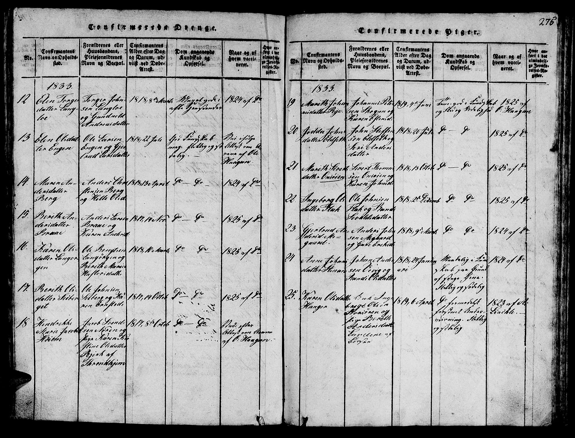 Ministerialprotokoller, klokkerbøker og fødselsregistre - Sør-Trøndelag, SAT/A-1456/612/L0385: Parish register (copy) no. 612C01, 1816-1845, p. 275