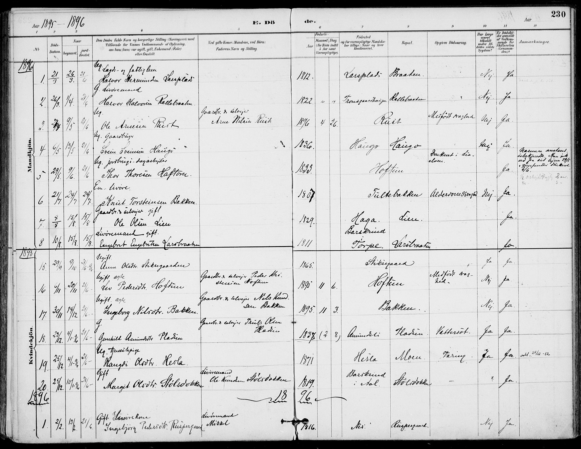 Gol kirkebøker, AV/SAKO-A-226/F/Fa/L0005: Parish register (official) no. I 5, 1887-1900, p. 230