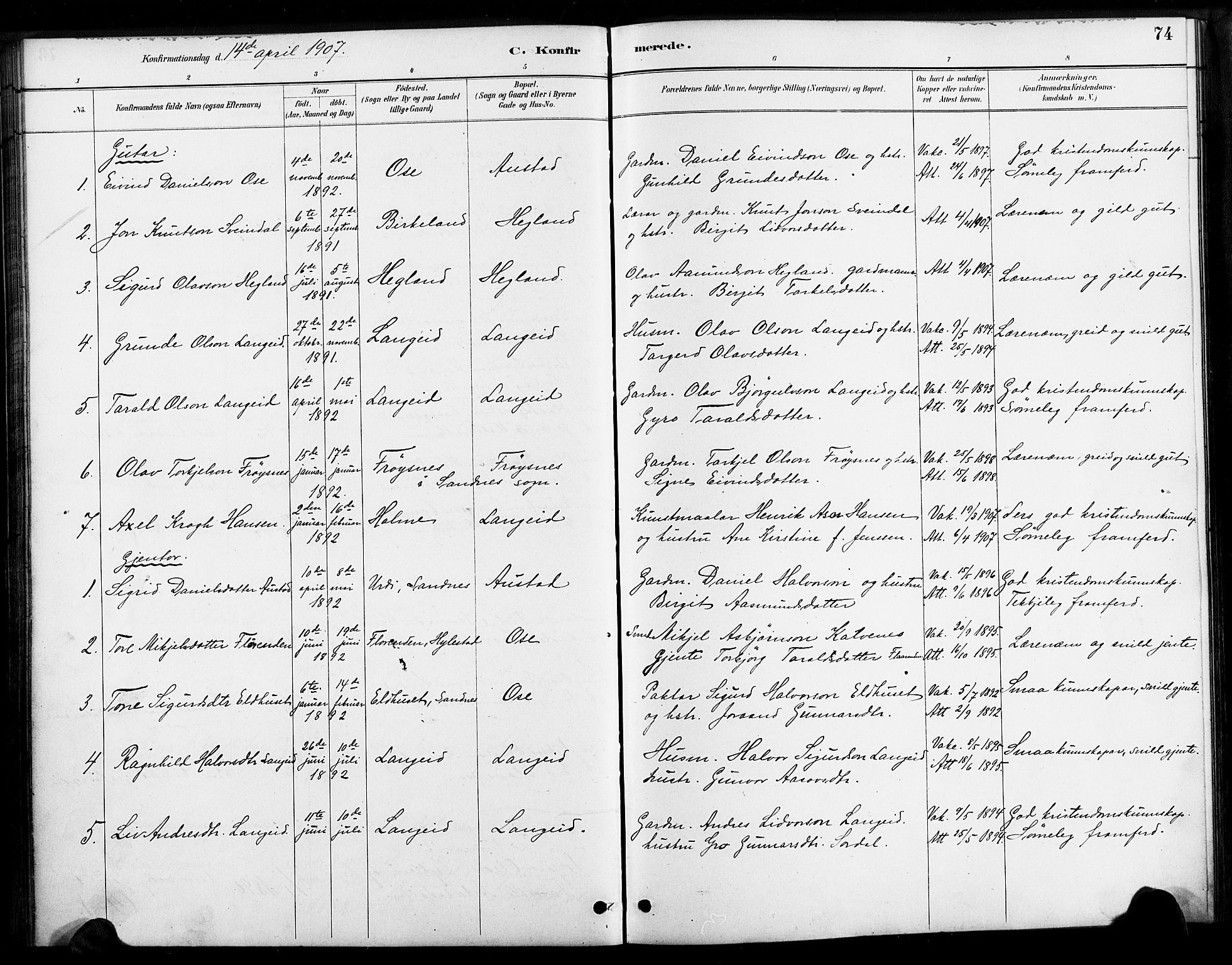 Bygland sokneprestkontor, SAK/1111-0006/F/Fa/Faa/L0001: Parish register (official) no. A 1, 1885-1908, p. 74