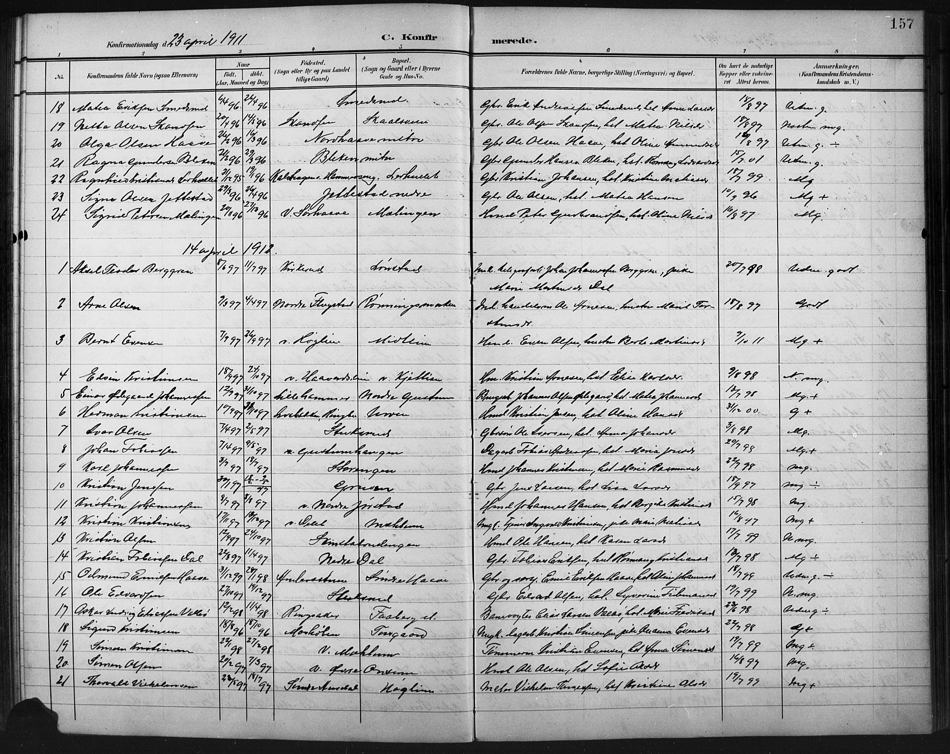 Fåberg prestekontor, AV/SAH-PREST-086/H/Ha/Hab/L0011: Parish register (copy) no. 11, 1901-1921, p. 157