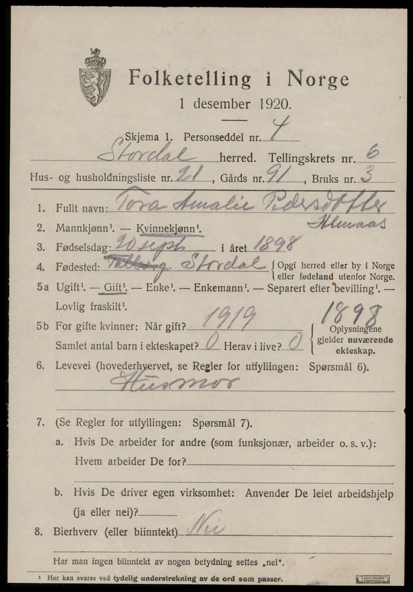 SAT, 1920 census for Stordal, 1920, p. 2084