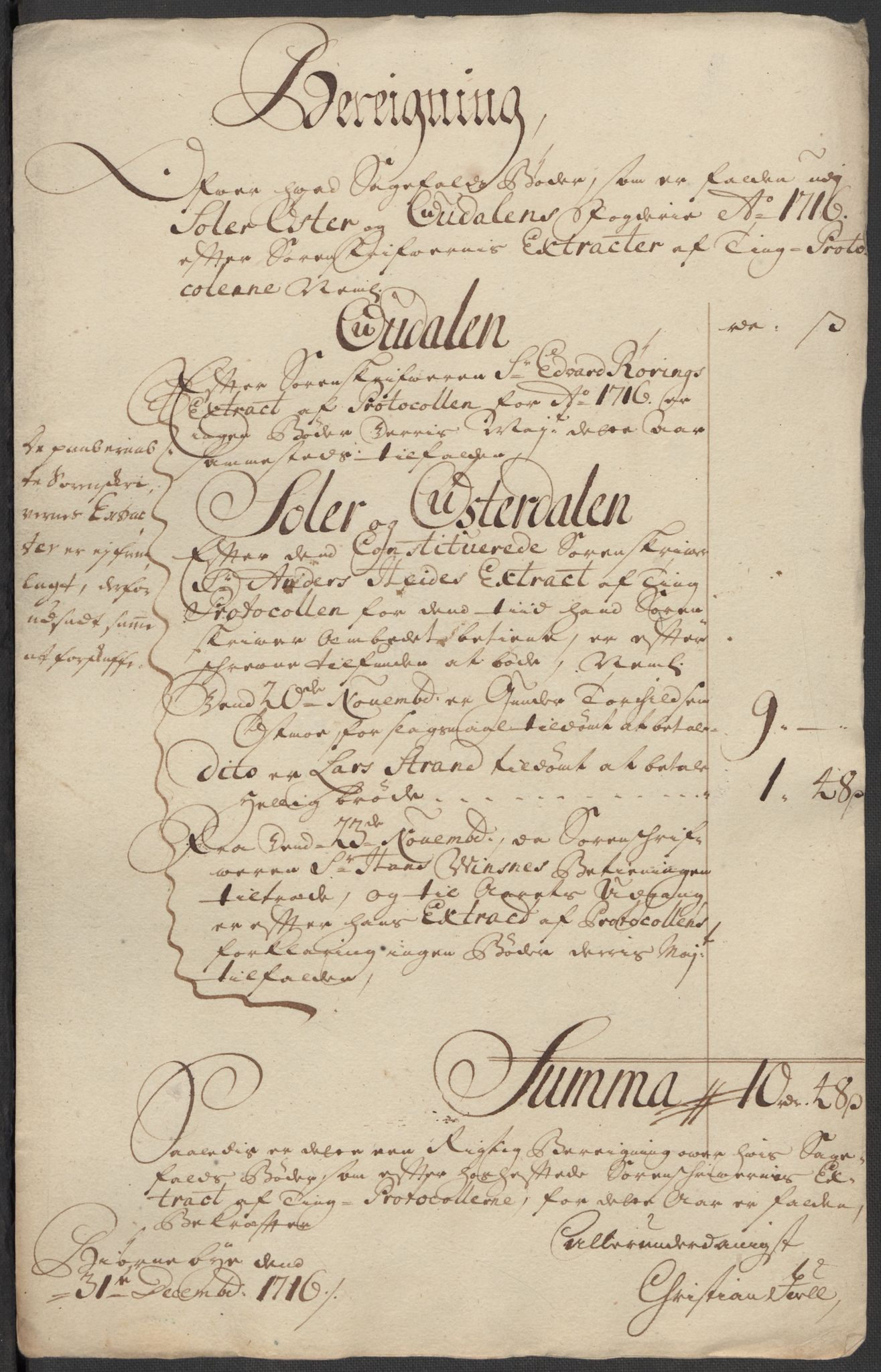 Rentekammeret inntil 1814, Reviderte regnskaper, Fogderegnskap, AV/RA-EA-4092/R13/L0855: Fogderegnskap Solør, Odal og Østerdal, 1716, p. 280