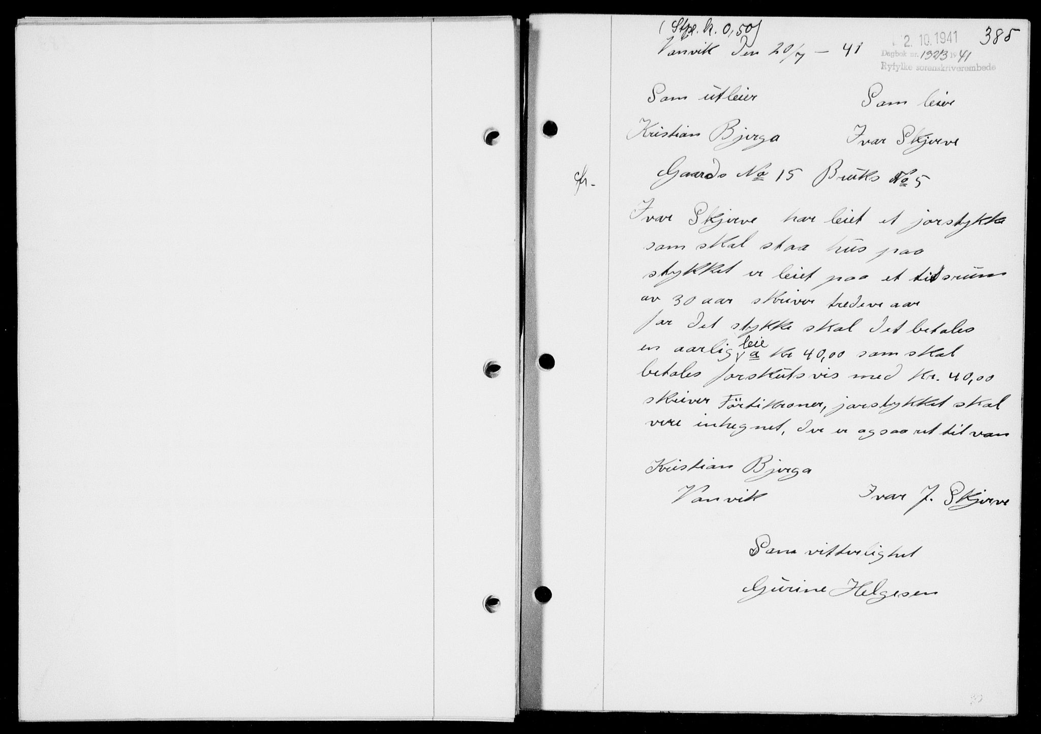 Ryfylke tingrett, SAST/A-100055/001/II/IIB/L0083: Mortgage book no. 62, 1941-1941, Diary no: : 1323/1941