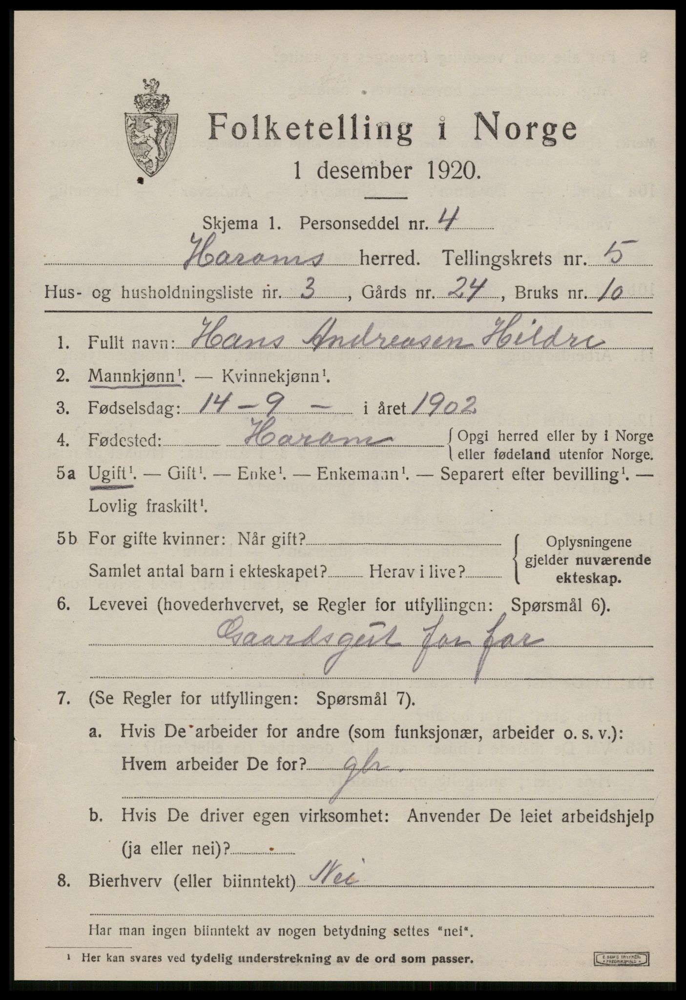 SAT, 1920 census for Haram, 1920, p. 2833