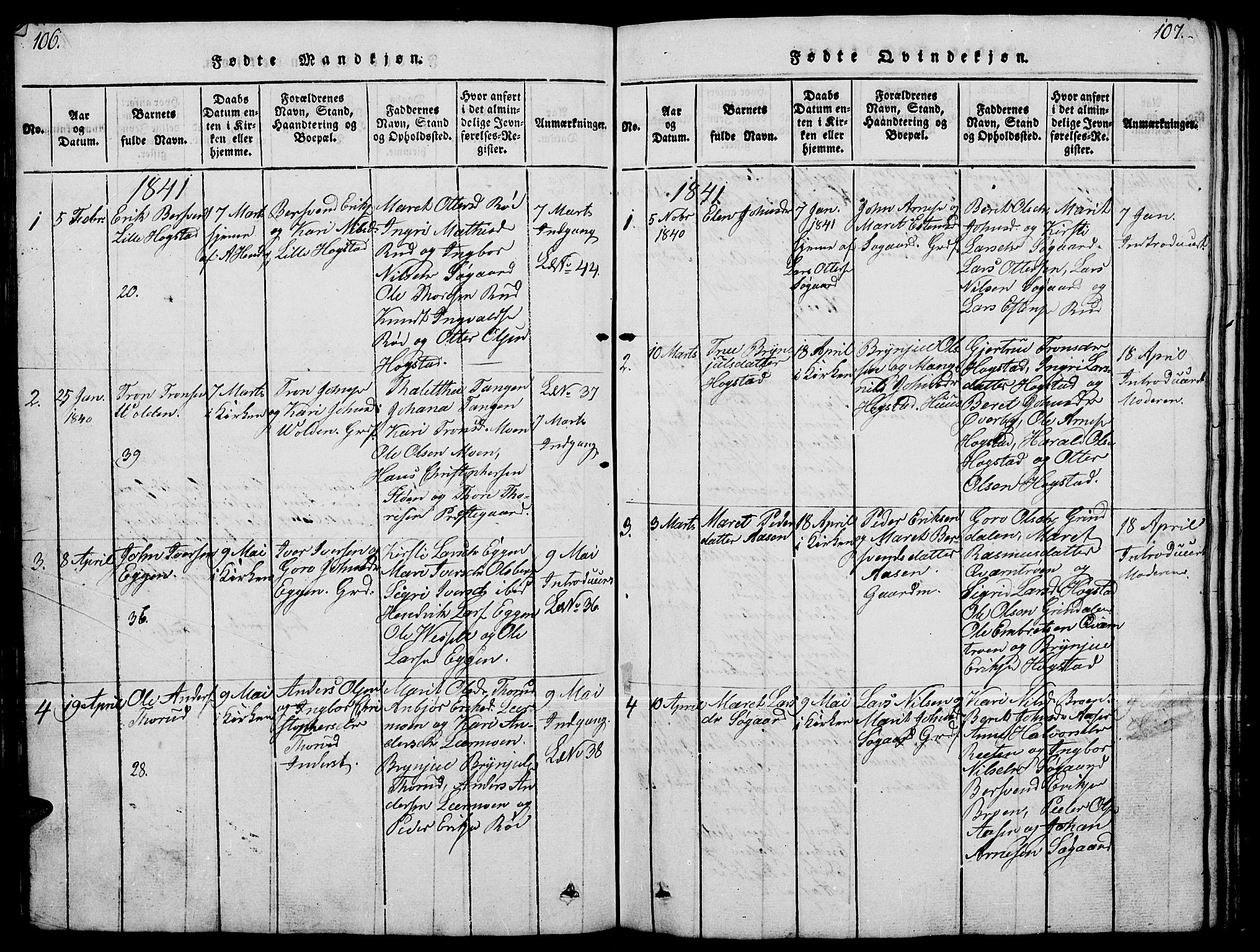 Tynset prestekontor, SAH/PREST-058/H/Ha/Hab/L0004: Parish register (copy) no. 4, 1814-1879, p. 106-107