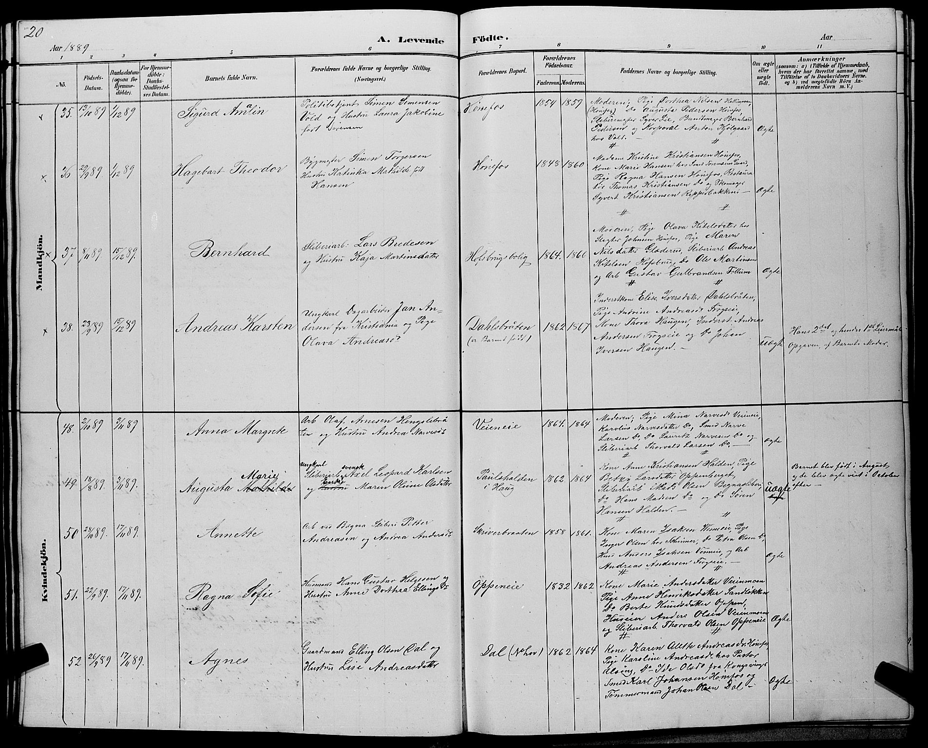 Hønefoss kirkebøker, SAKO/A-609/G/Ga/L0002: Parish register (copy) no. 2, 1888-1904, p. 20