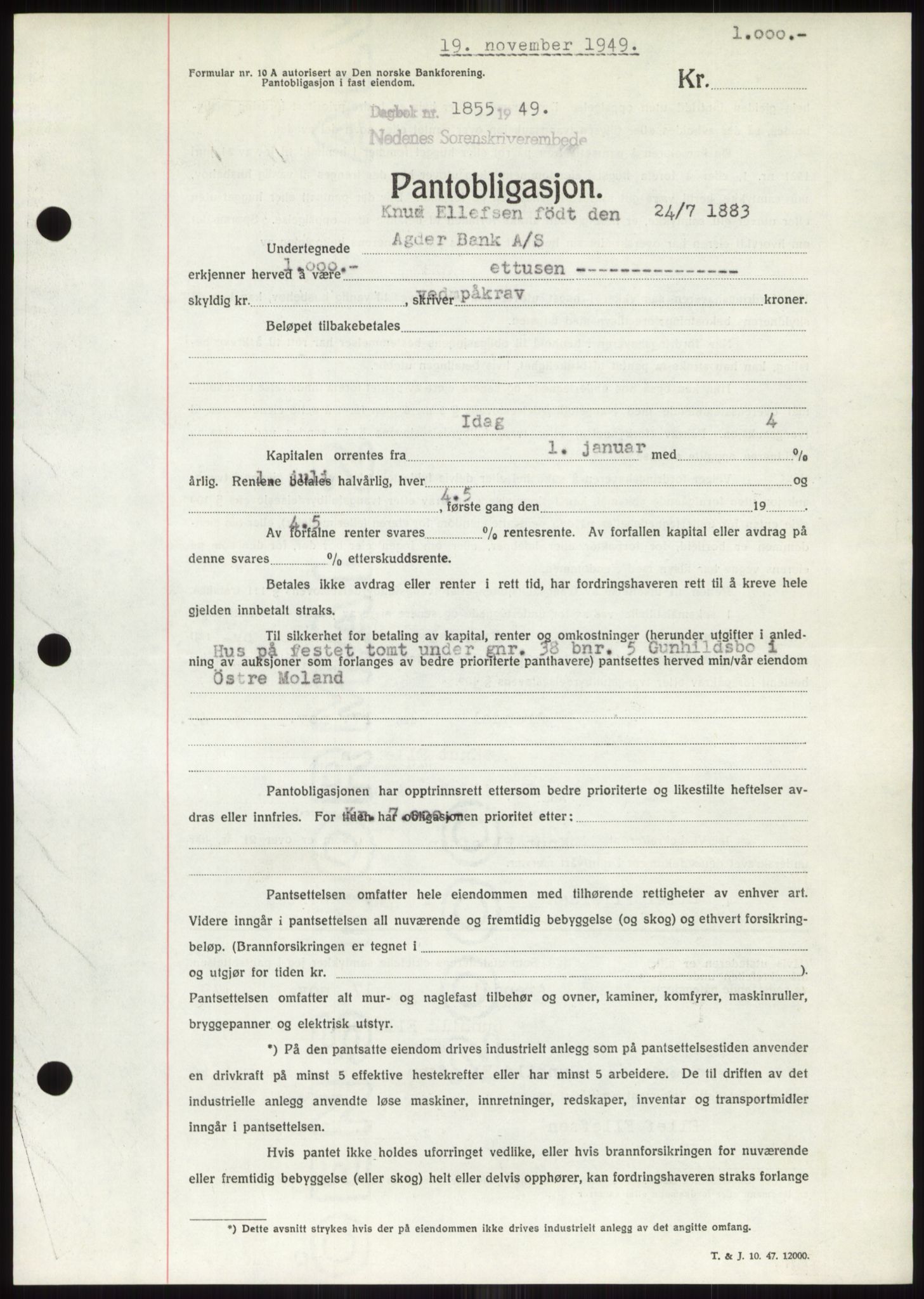 Nedenes sorenskriveri, AV/SAK-1221-0006/G/Gb/Gbb/L0007: Mortgage book no. B7, 1949-1950, Diary no: : 1855/1949