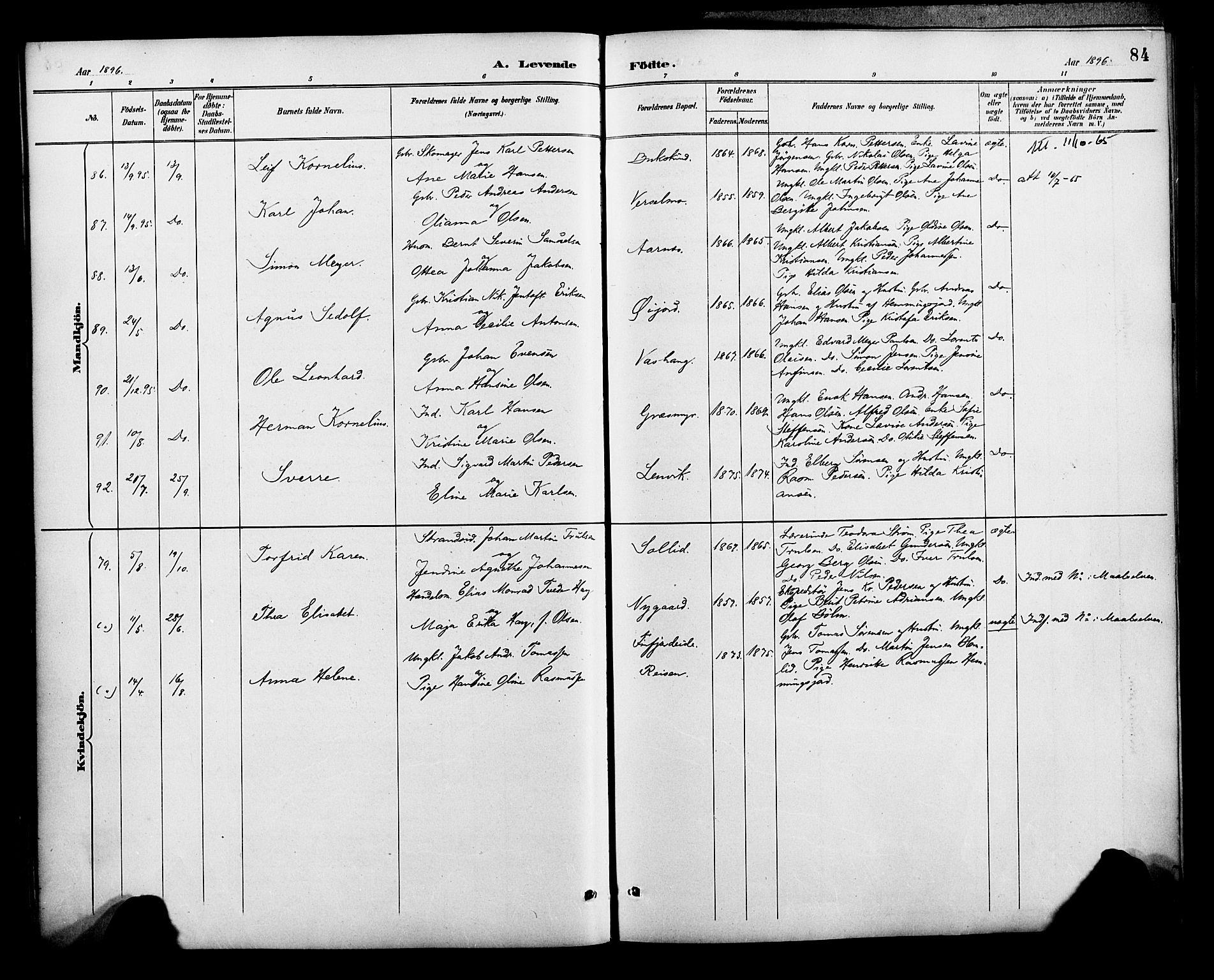 Lenvik sokneprestembete, SATØ/S-1310/H/Ha/Haa/L0013kirke: Parish register (official) no. 13, 1890-1898, p. 84
