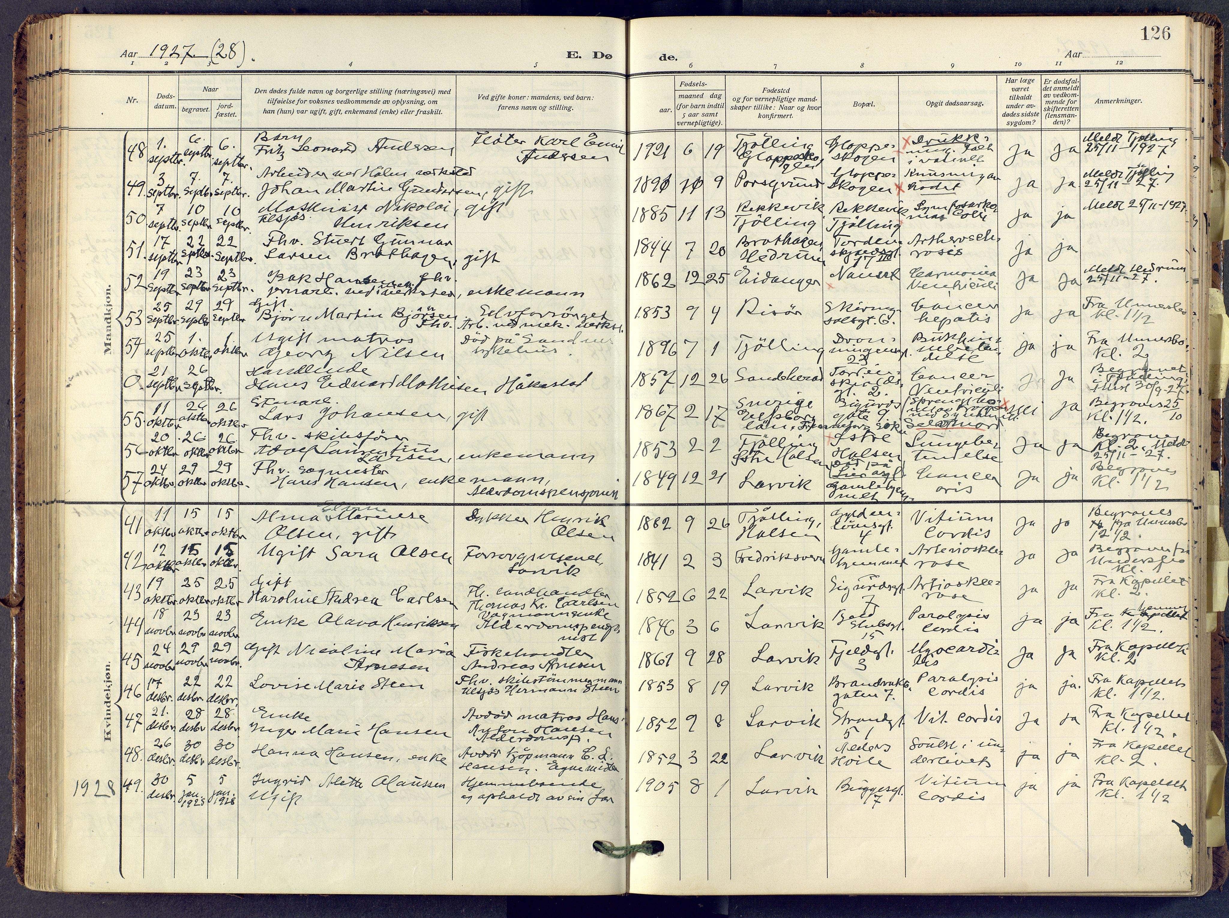 Larvik kirkebøker, SAKO/A-352/F/Fa/L0013: Parish register (official) no. I 13, 1910-1960, p. 126