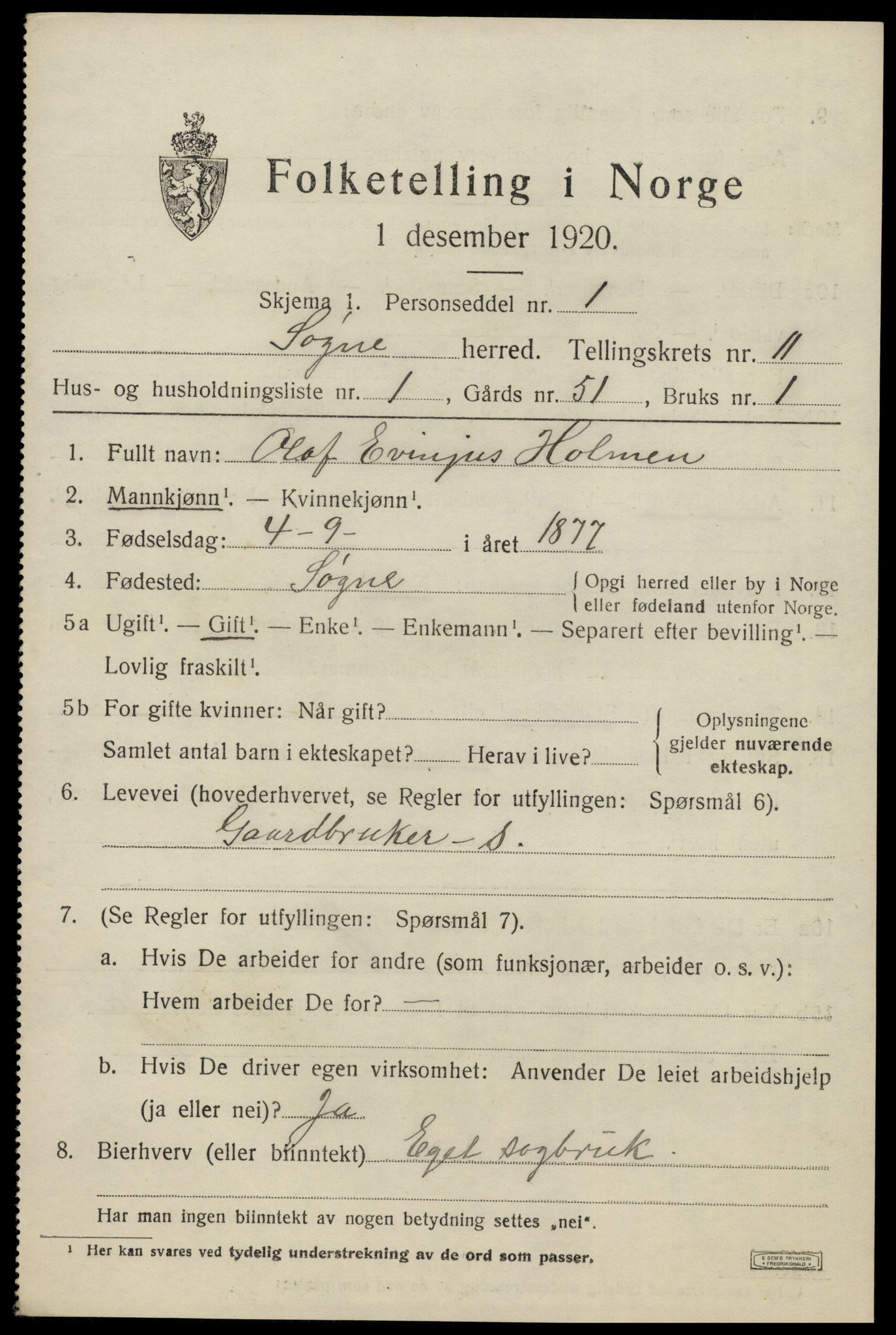SAK, 1920 census for Søgne, 1920, p. 5599