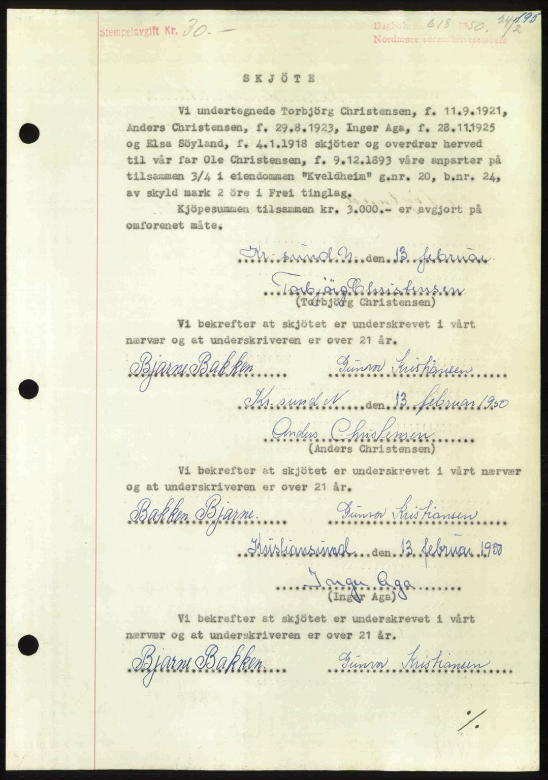 Nordmøre sorenskriveri, AV/SAT-A-4132/1/2/2Ca: Mortgage book no. A114, 1950-1950, Diary no: : 618/1950