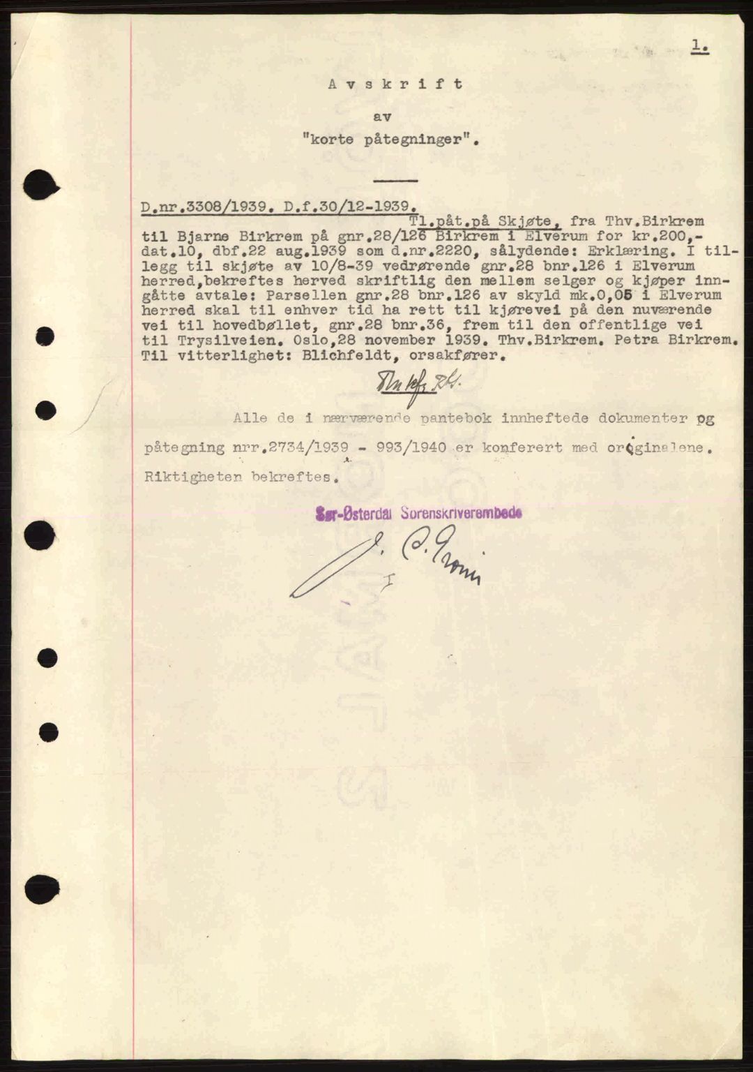 Sør-Østerdal sorenskriveri, AV/SAH-TING-018/H/Hb/Hbb/L0063: Mortgage book no. A63, 1939-1940, Diary no: : 3308/1939