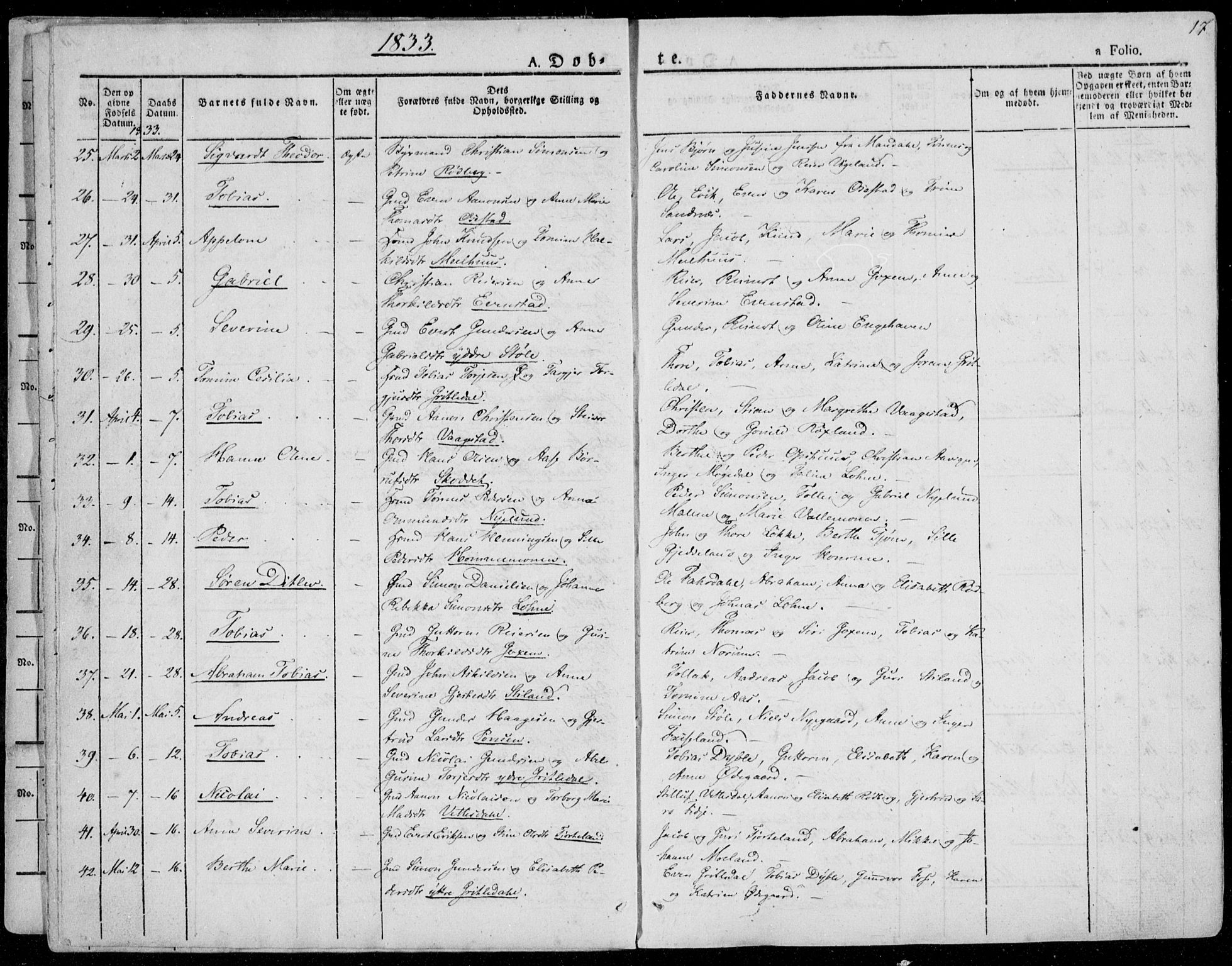 Sør-Audnedal sokneprestkontor, SAK/1111-0039/F/Fa/Fab/L0006: Parish register (official) no. A 6, 1829-1855, p. 17