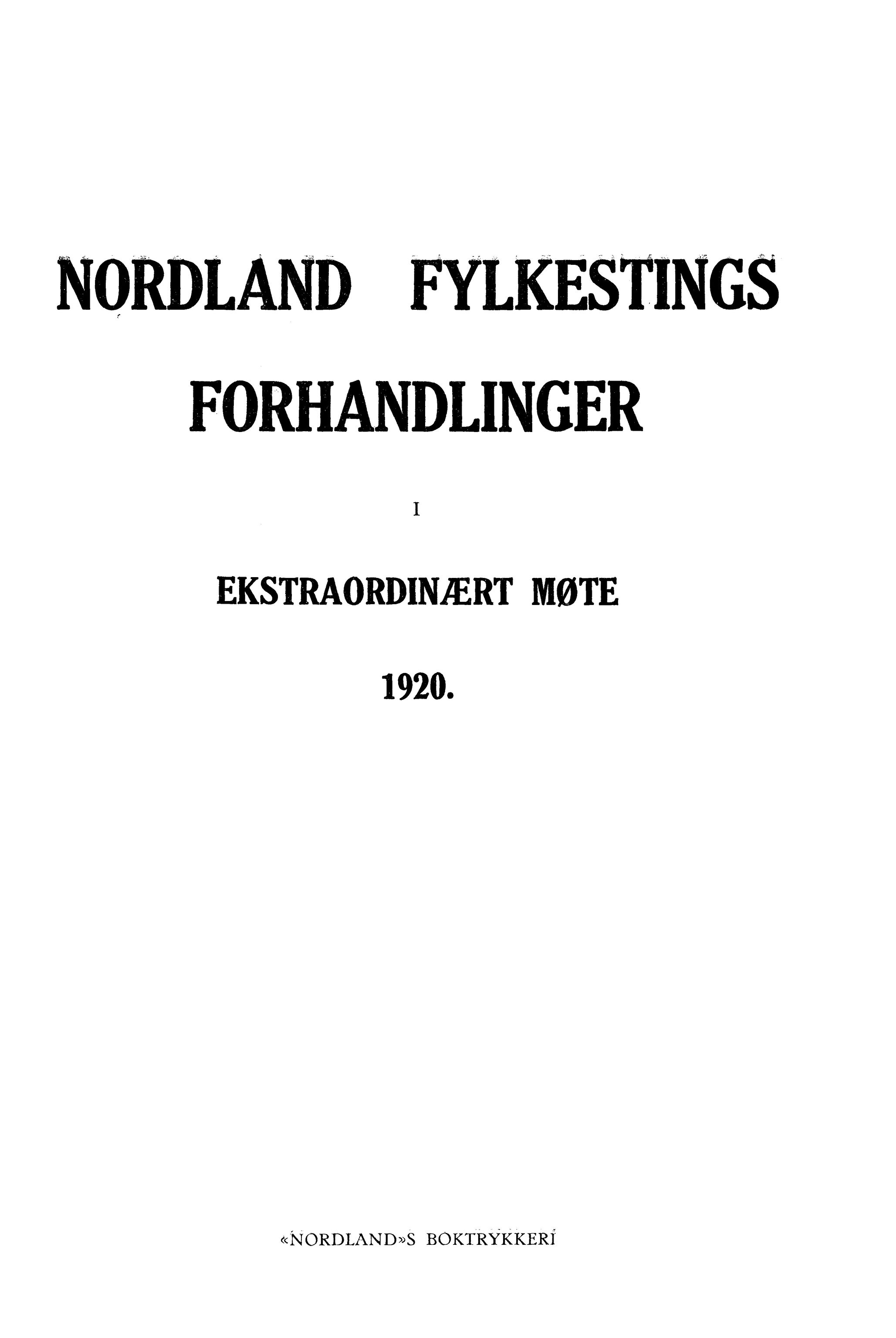 Nordland Fylkeskommune. Fylkestinget, AIN/NFK-17/176/A/Ac/L0043: Fylkestingsforhandlinger 1920, 1920