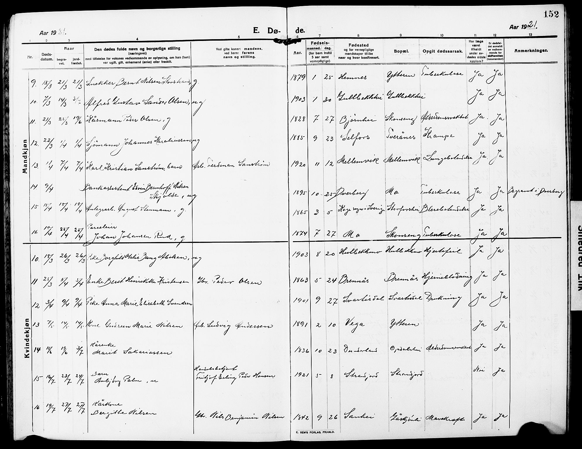 Ministerialprotokoller, klokkerbøker og fødselsregistre - Nordland, AV/SAT-A-1459/827/L0424: Parish register (copy) no. 827C13, 1921-1930, p. 152