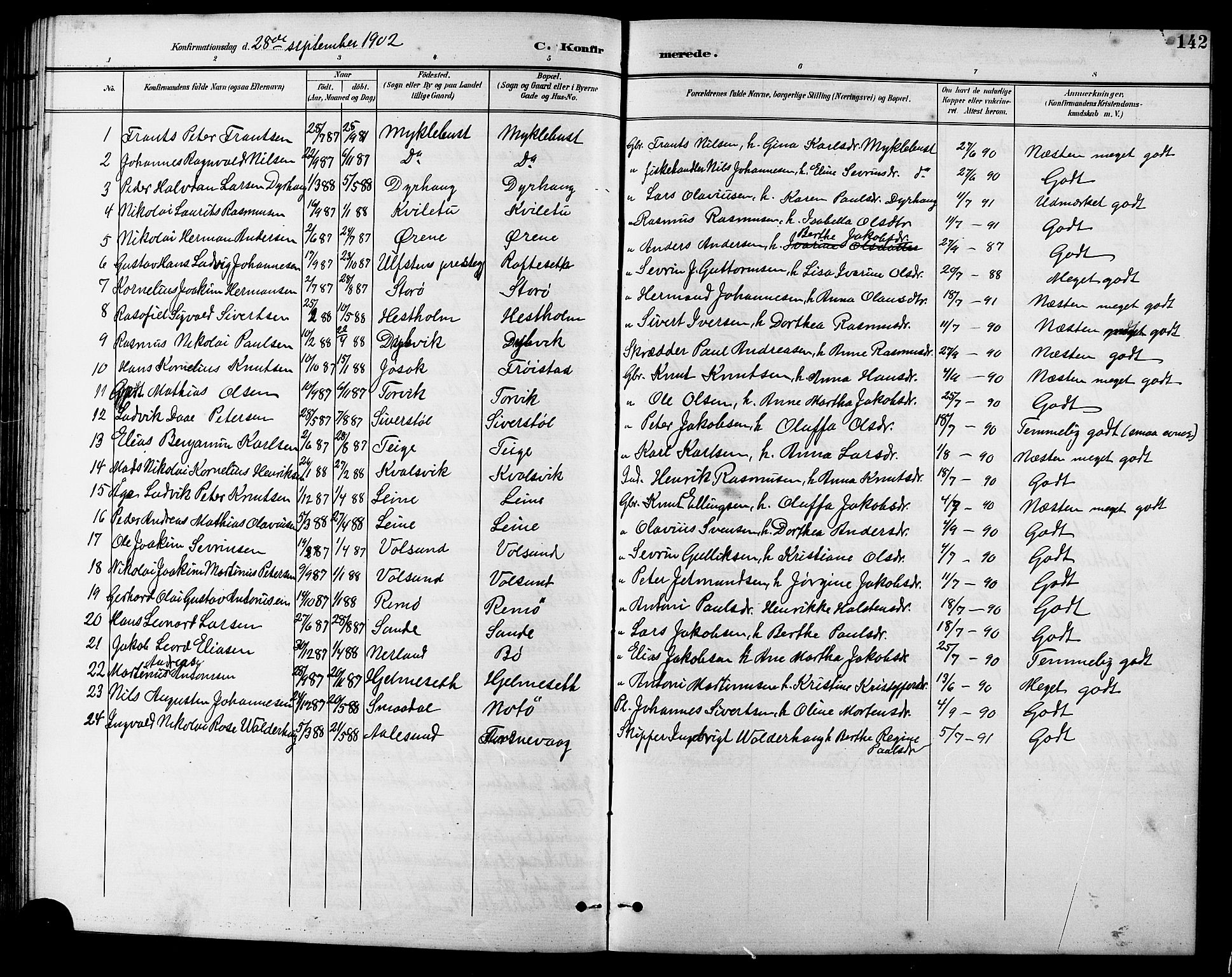 Ministerialprotokoller, klokkerbøker og fødselsregistre - Møre og Romsdal, AV/SAT-A-1454/507/L0082: Parish register (copy) no. 507C05, 1896-1914, p. 142