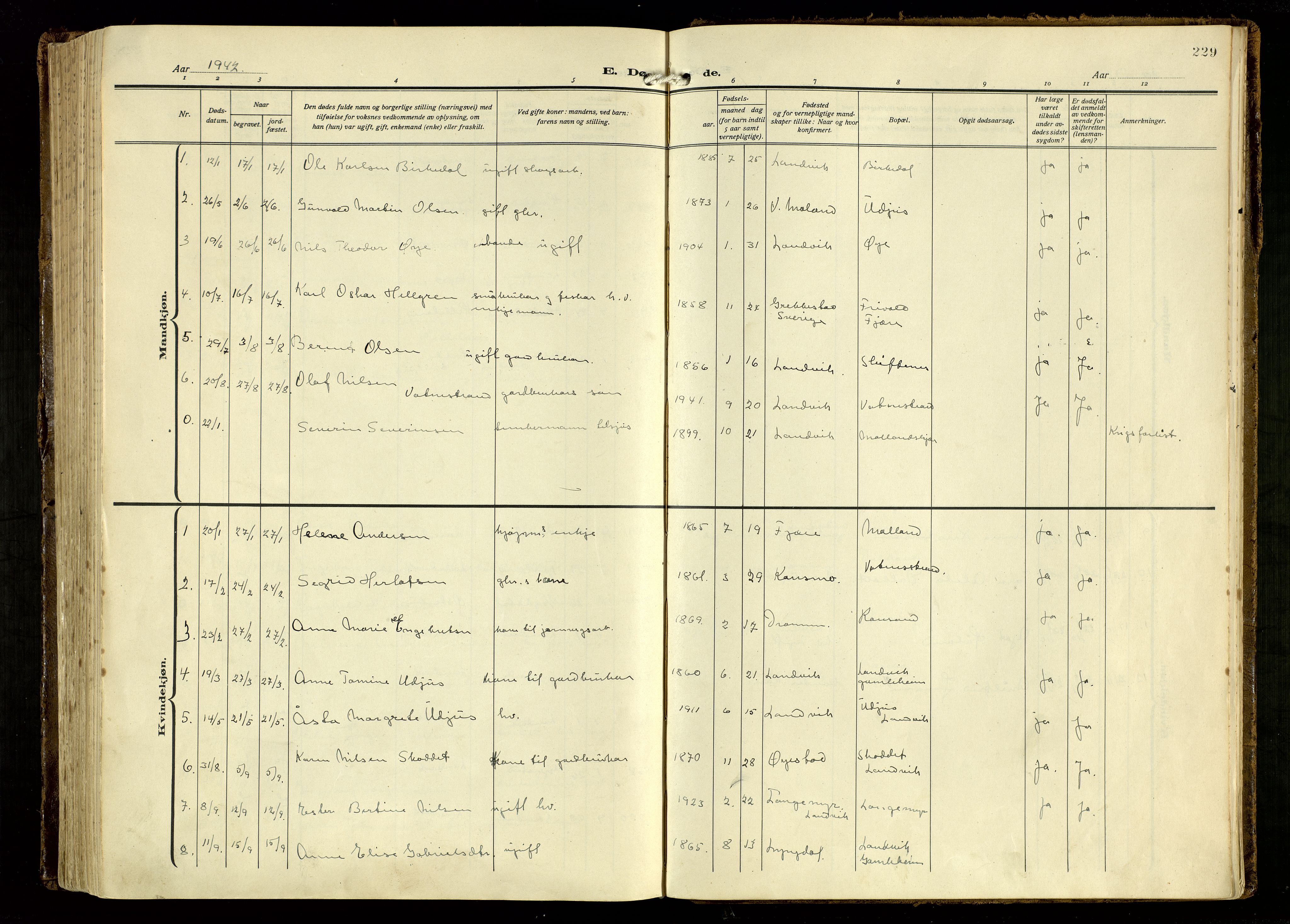 Hommedal sokneprestkontor, AV/SAK-1111-0023/F/Fa/Fab/L0008: Parish register (official) no. A 8, 1925-1956, p. 229